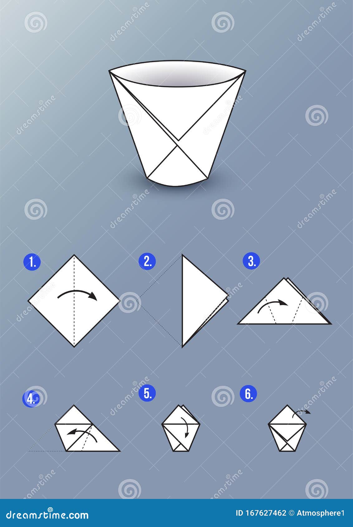 Origami Tutorial – Make a Paper Cup in 6 Easy Steps Stock Vector