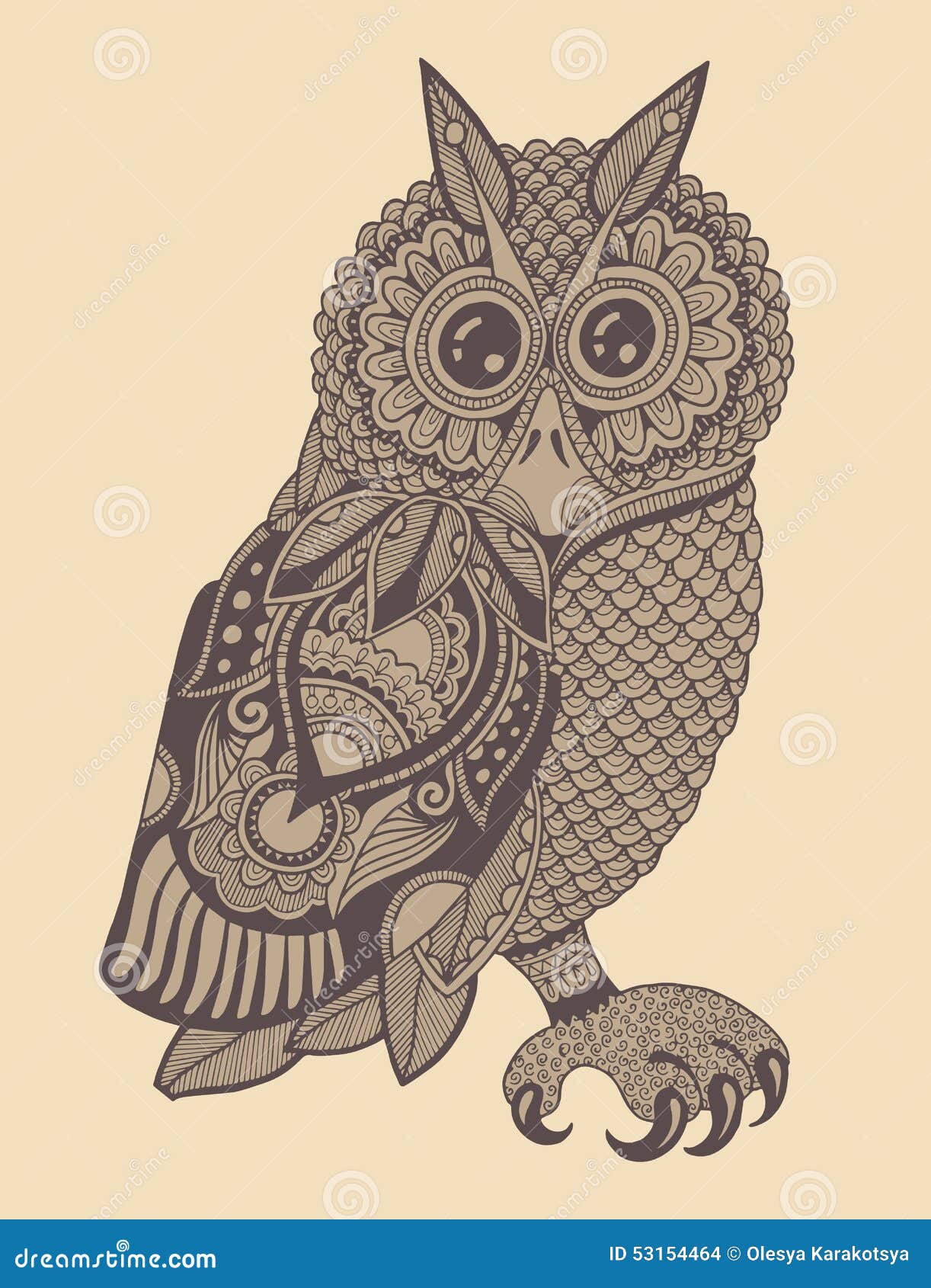 Original Artwork of Owl, Ink Hand Drawing in Stock Vector