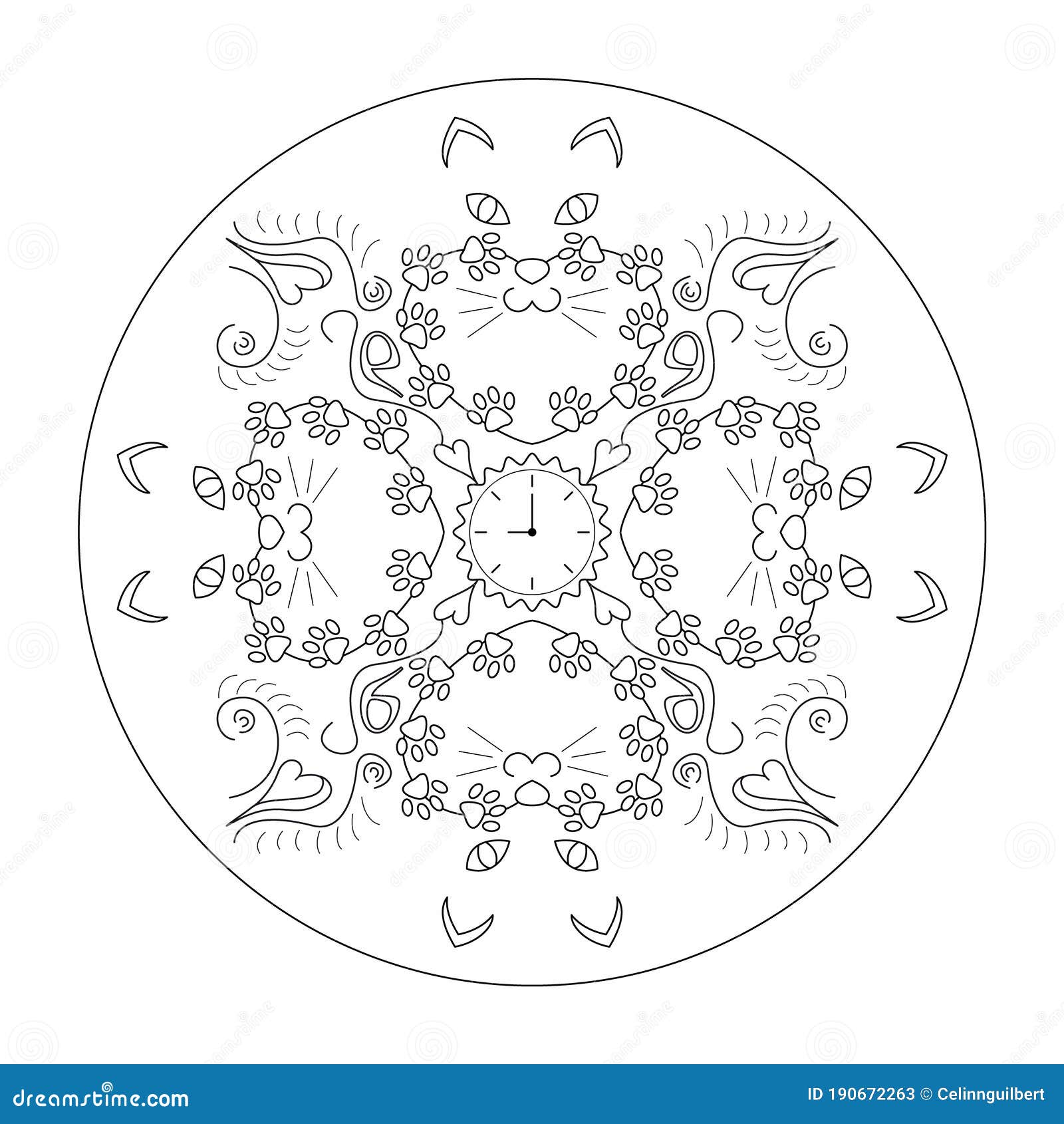 Original Cat Heads Around A Clock With Cat Paws Mandala Coloring Page Stock Vector Illustration Of Background Heart 190672263