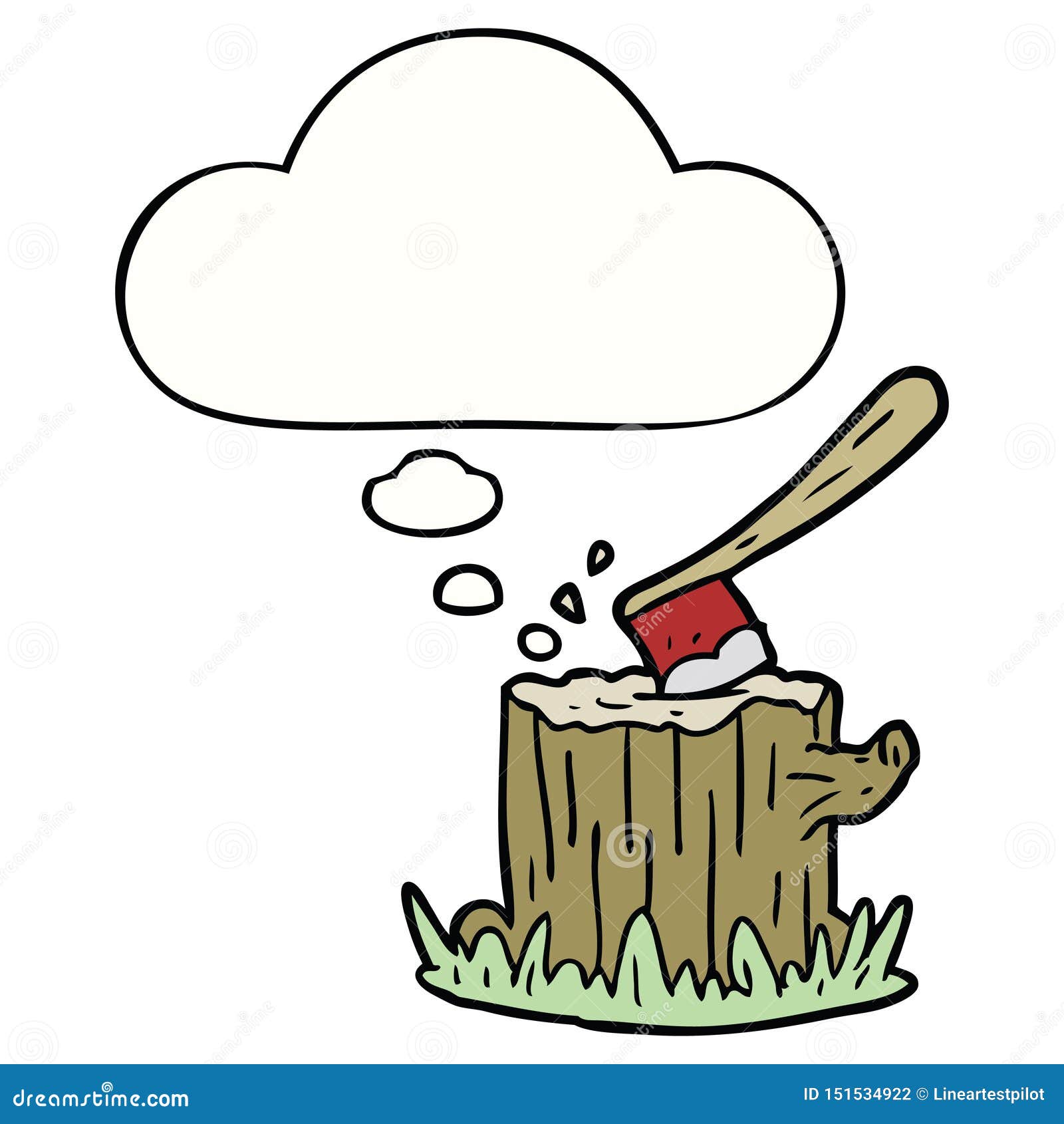 A Creative Cartoon Axe in Tree Stump and Thought Bubble Stock Vector