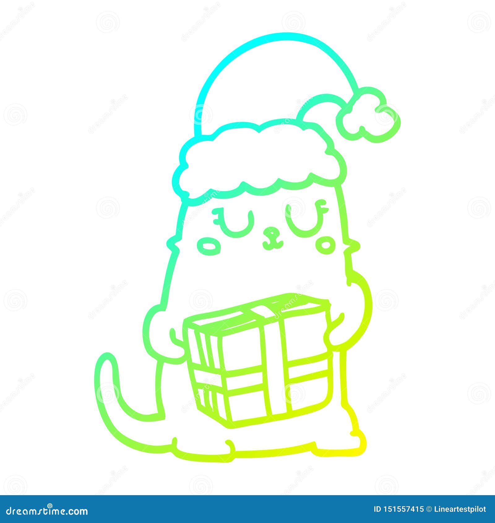 A Creative Cold Gradient Line Drawing Cute Cartoon Christmas Cat Stock