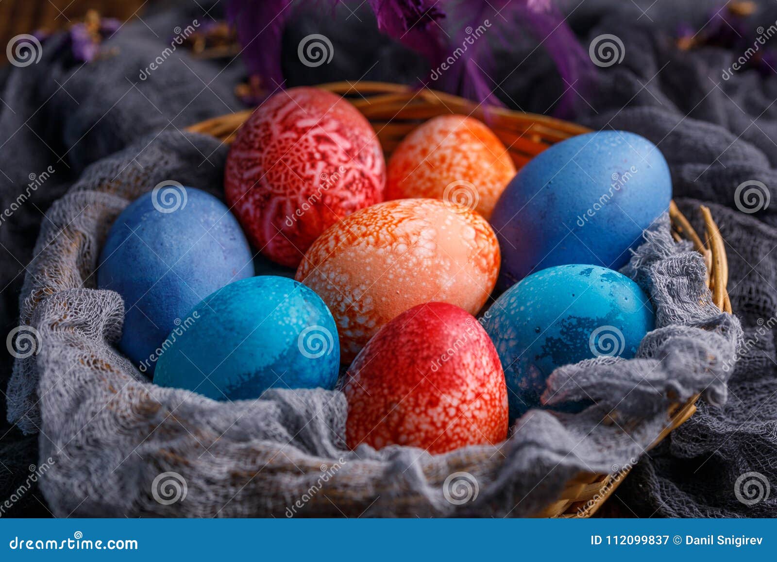 Original Easter Eggs in a Wicker Basket. Stock Image Image of objects