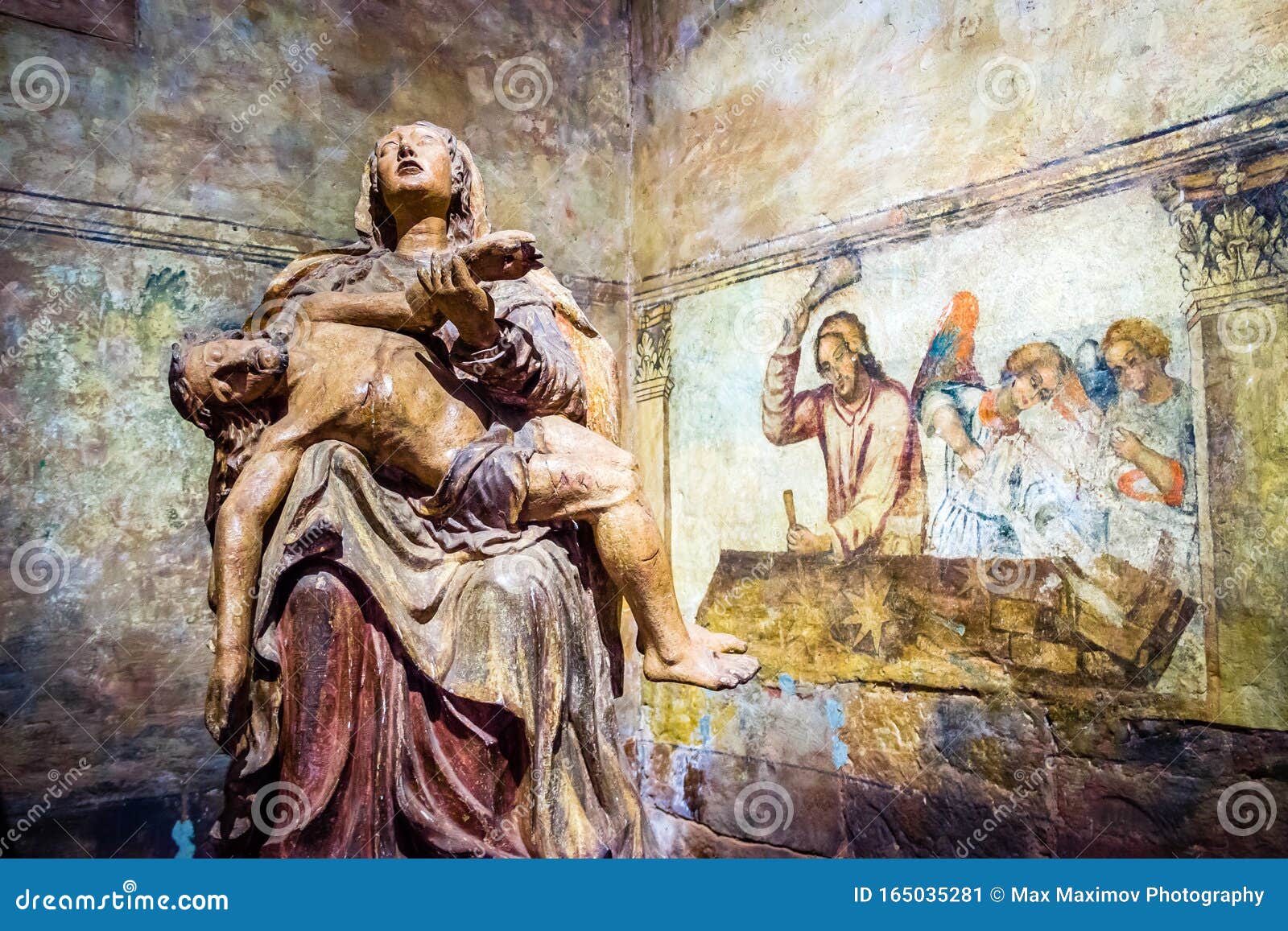 santa rosa, misiones, paraguay - original frescos and wooden statue in the jesuit church in santa rosa