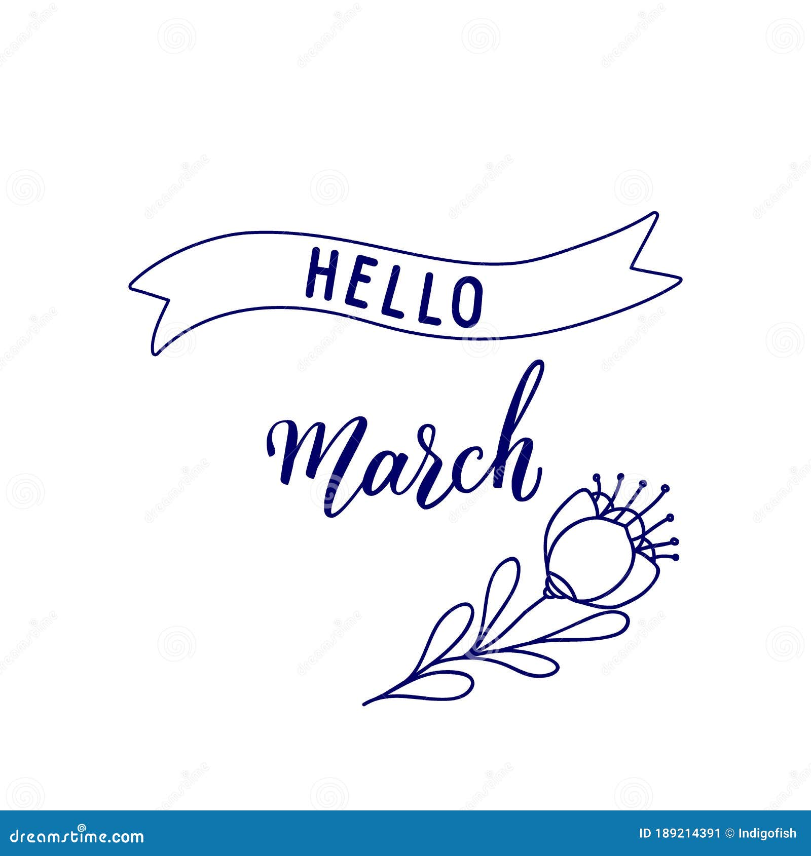 Original Handwritten Lettering Hello March And Seasonal Symbol Flower