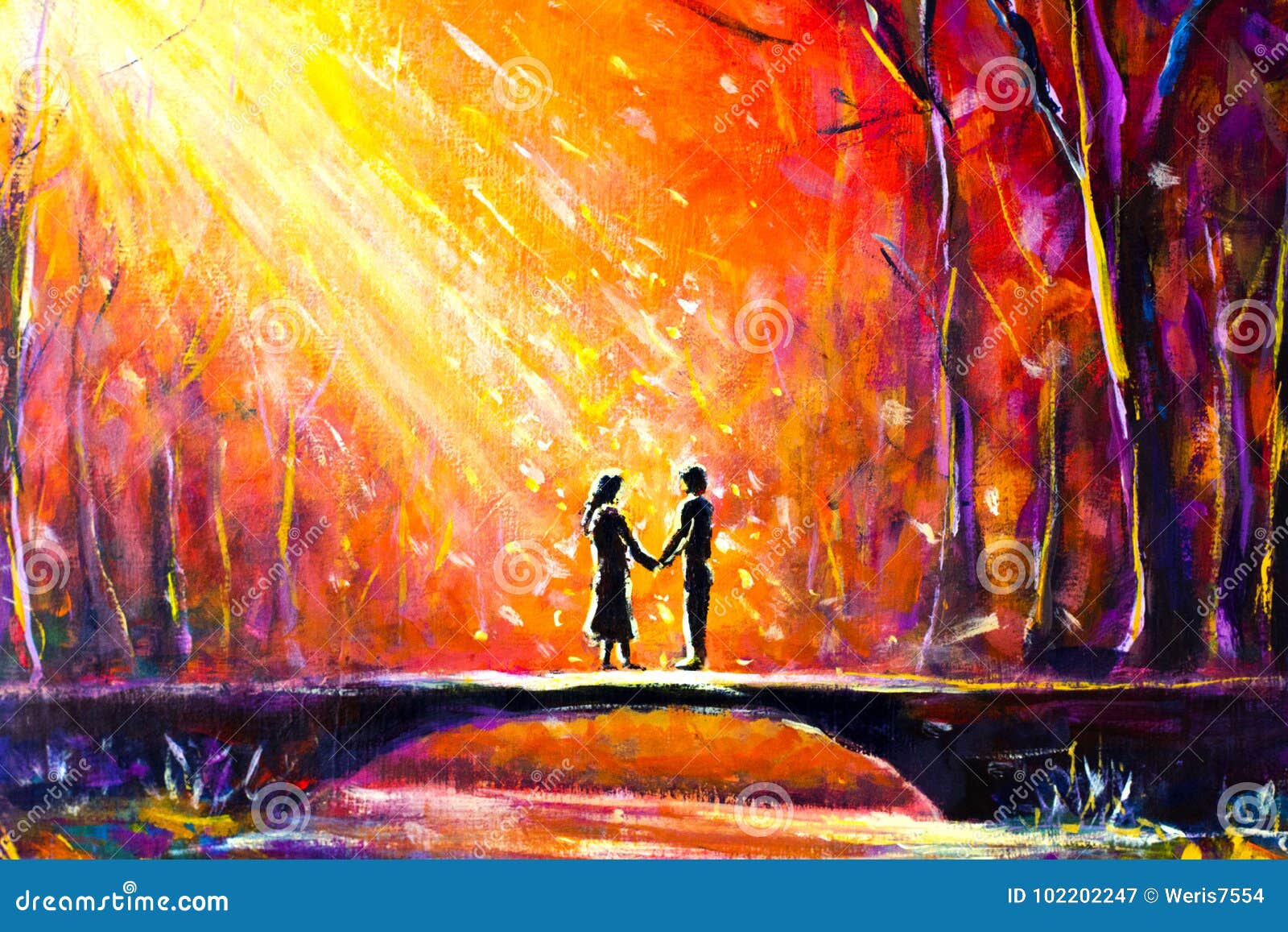 Fantasy Lovers Couple In Love Forest Trees Pink Flowers Art Canvas Pictures 
