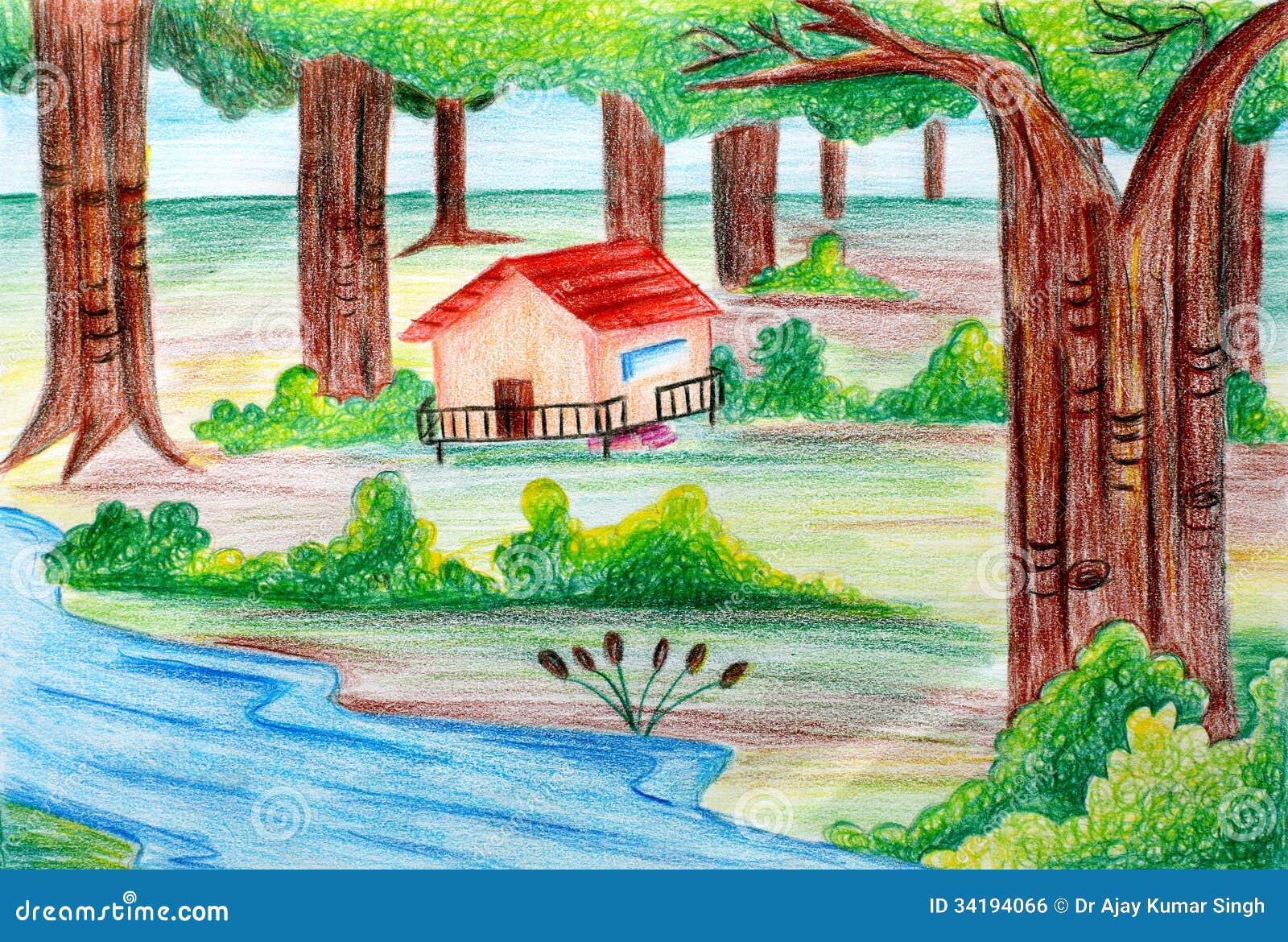 Hand drawing nature, river, lotus, sun, tree, hut and sun rise vector art  design. 24675347 Vector Art at Vecteezy