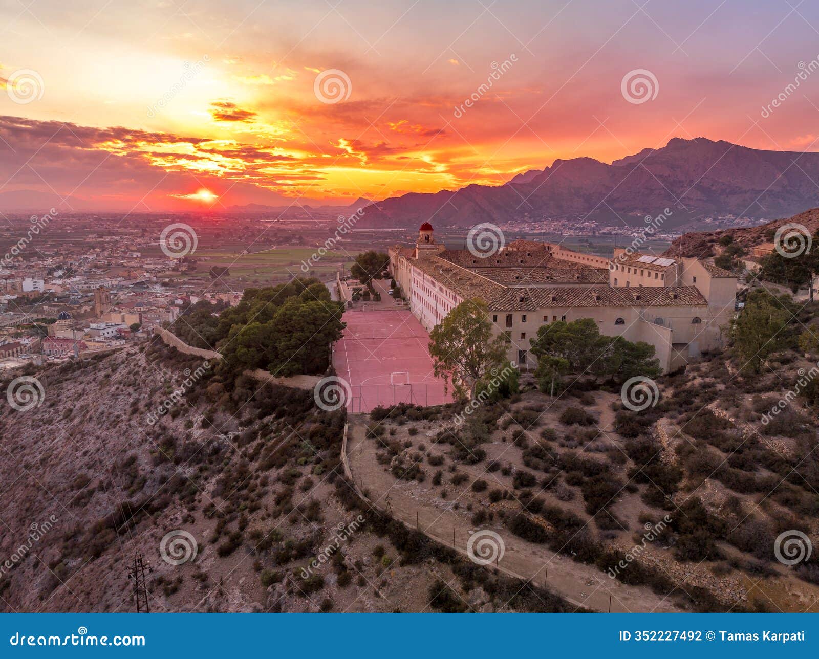 aerial view of orihuela in murcia province spain medieval town with castle and gothic and baroque churches near the segura river