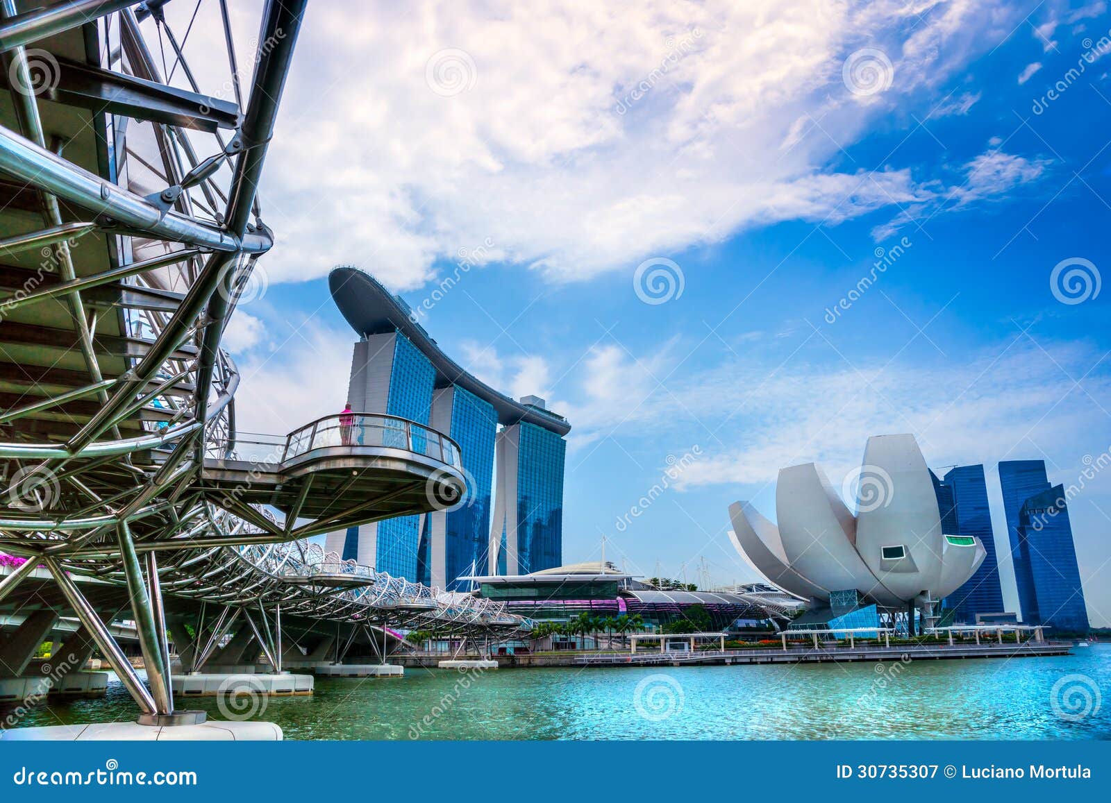 Orizzonte della città di Singapore. Vista grandangolare dell'orizzonte della città di Singapore al tramonto.