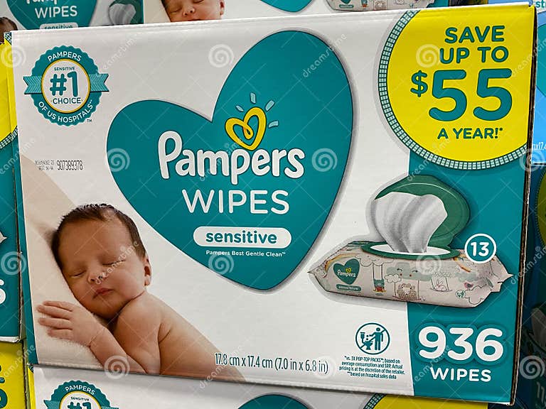 A Box of Pampers Sensitive Baby Wipes in the Baby Aisle at a Sams Club