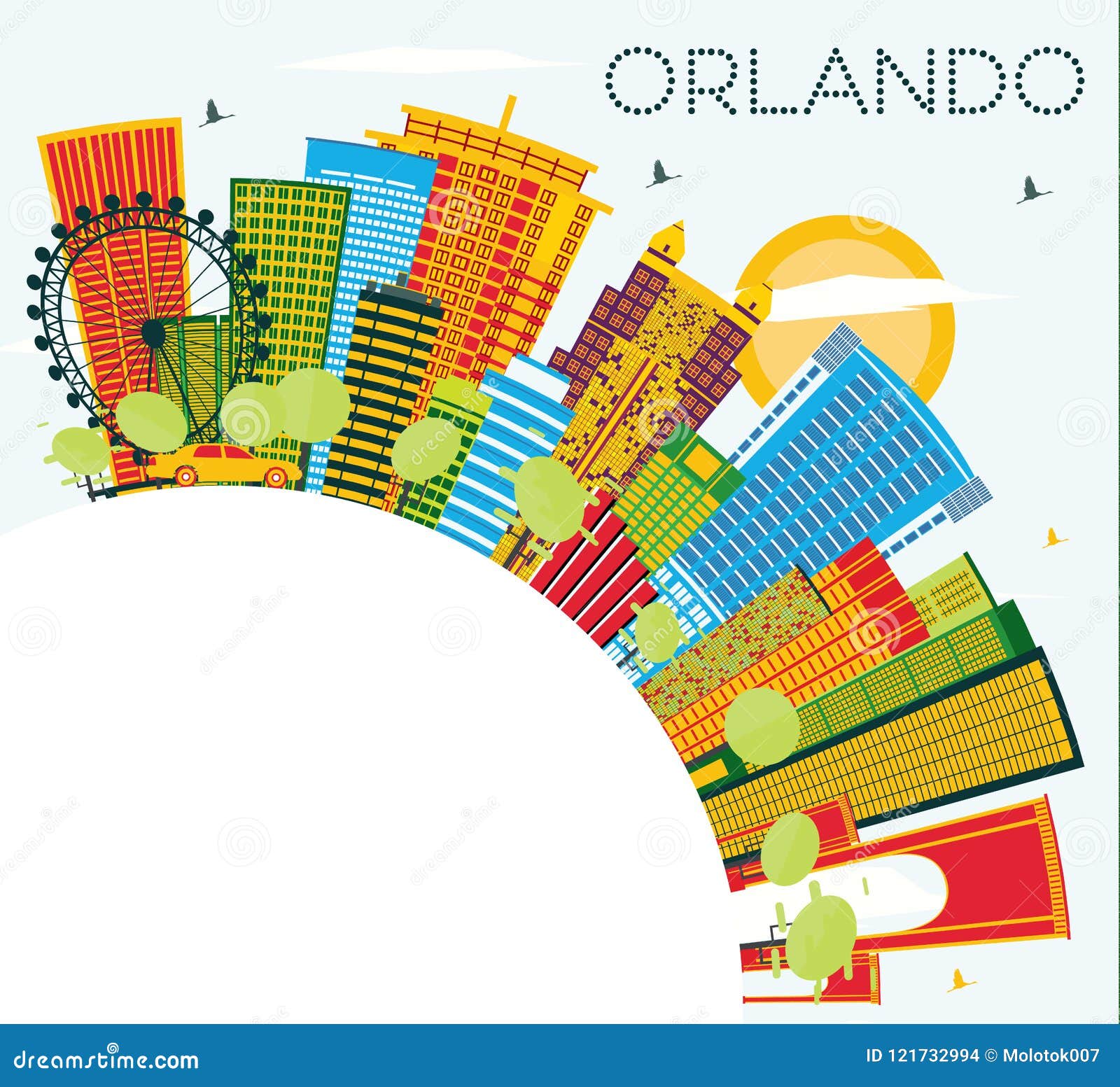 orlando florida city skyline with color buildings, blue sky and