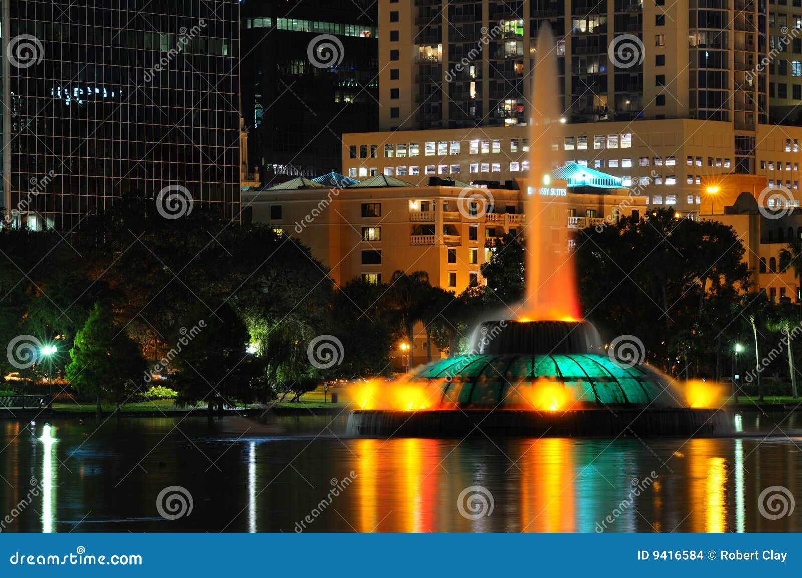 Orlando S Lake Eola Fountain Stock Photo Image of lights, night 9416584