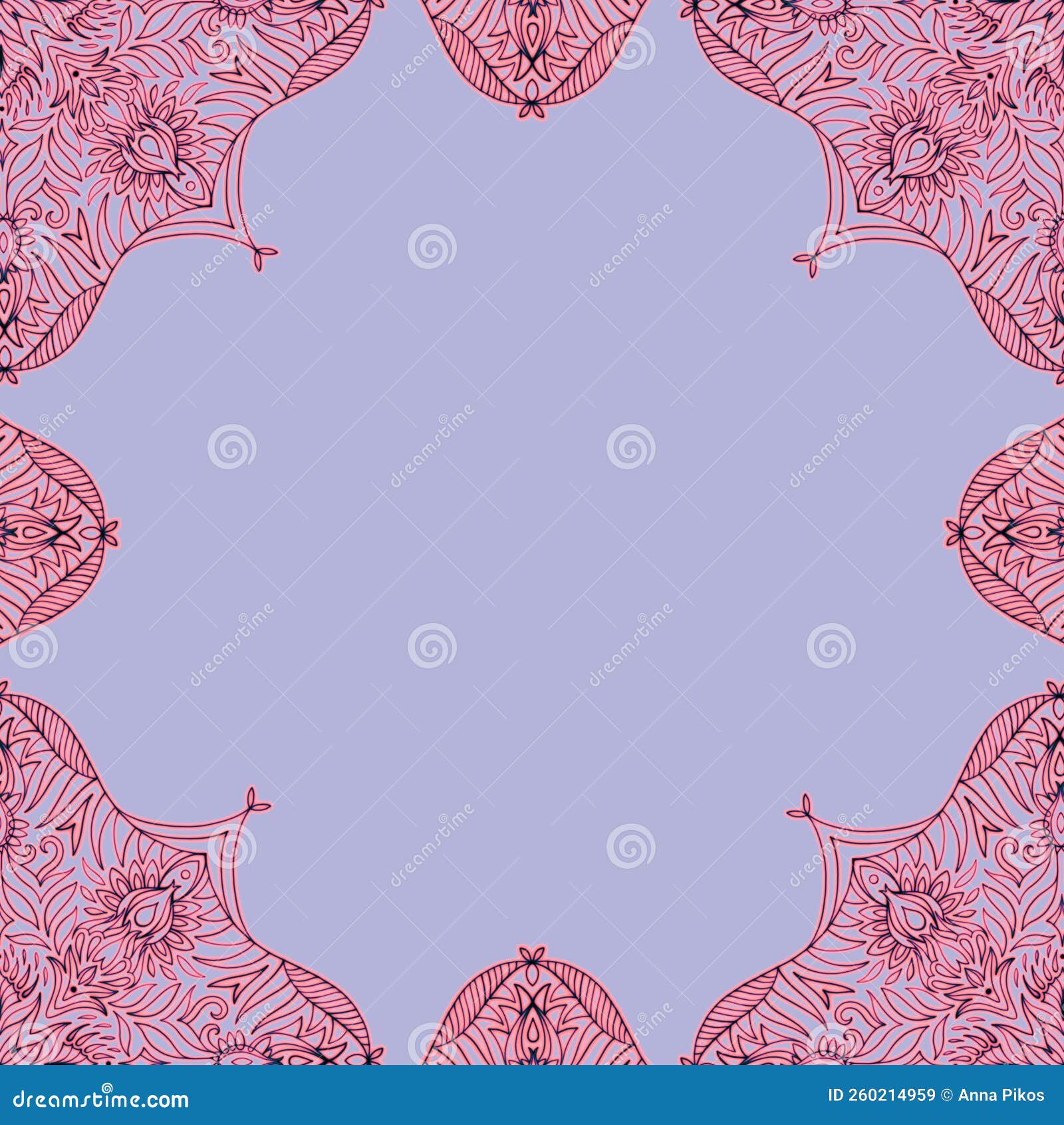 Ornamental Frame. Decorative Border Corners Pink on Light Blue