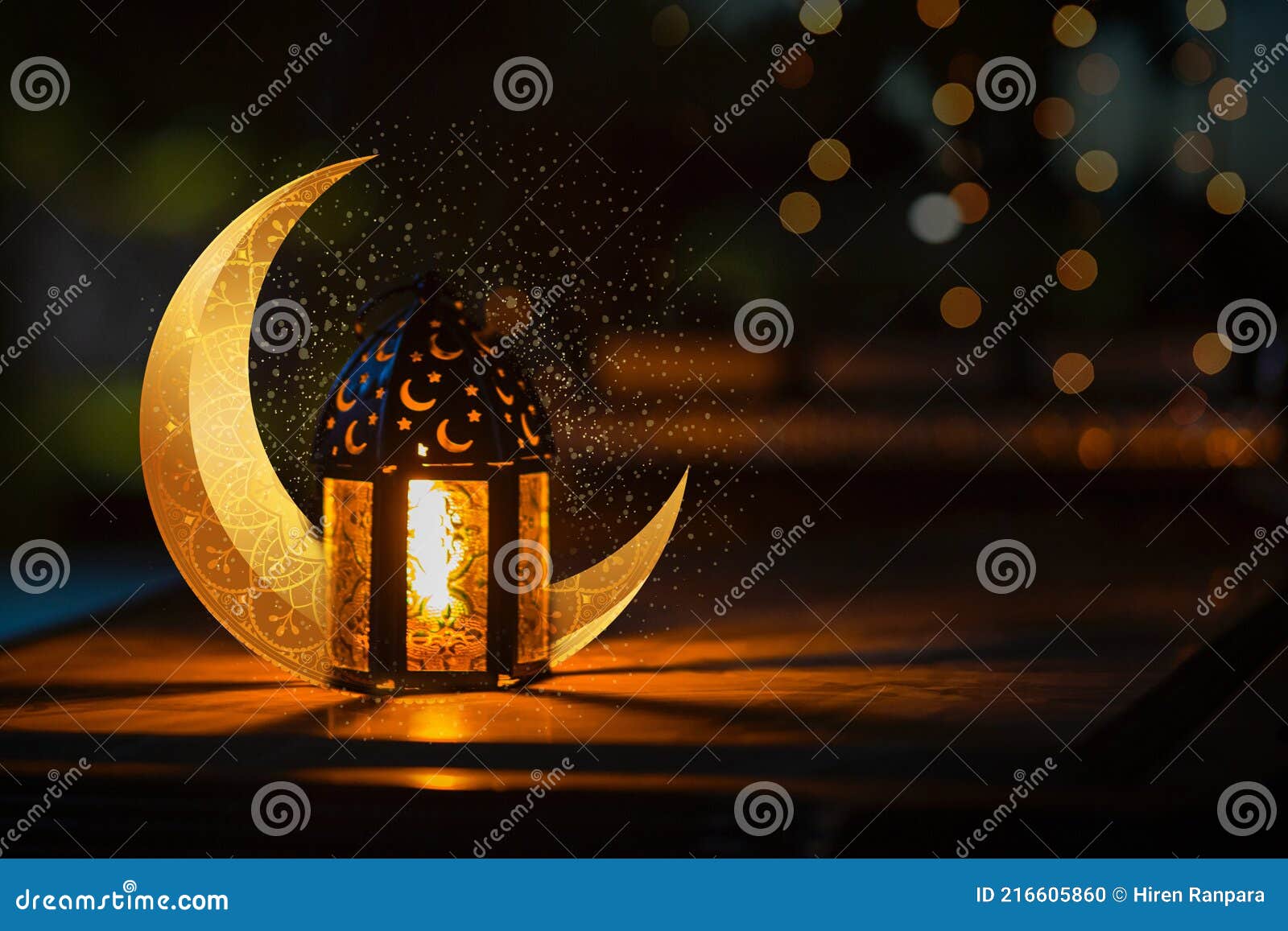 ornamental arabic lantern with crescent moon - ramadan kareem