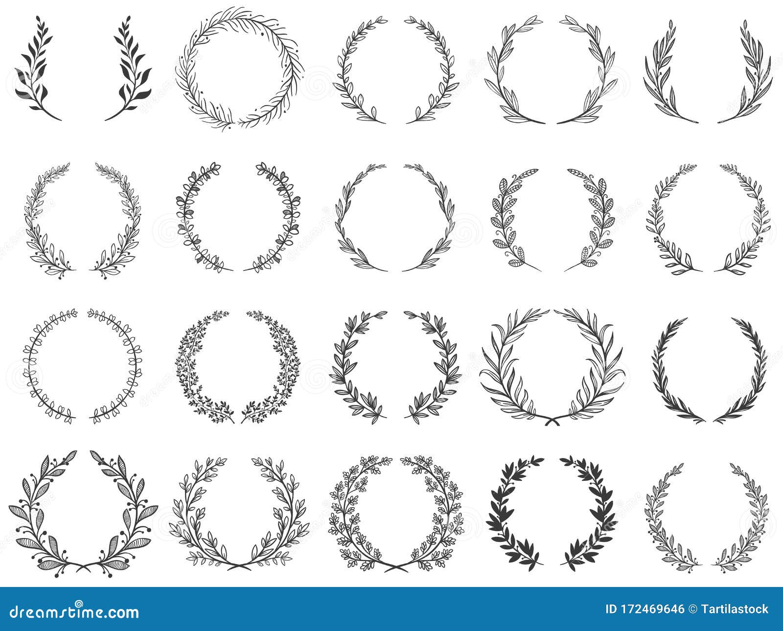 ornamental branch wreathes. laurel leafs wreath, olive branches and round floral ornament frames  set