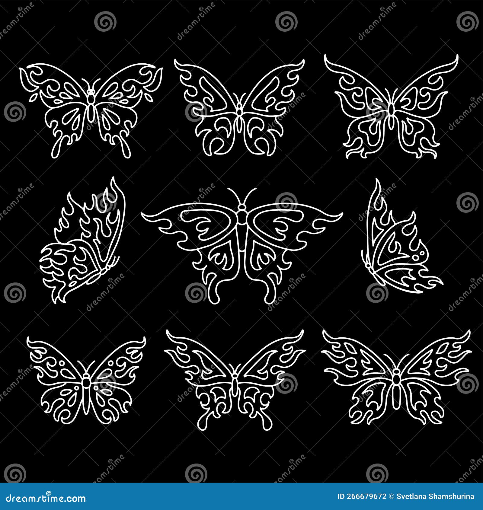 Ornamental Butterfly Contour Silhouettes Set. Tattoo Design Can Be Used ...