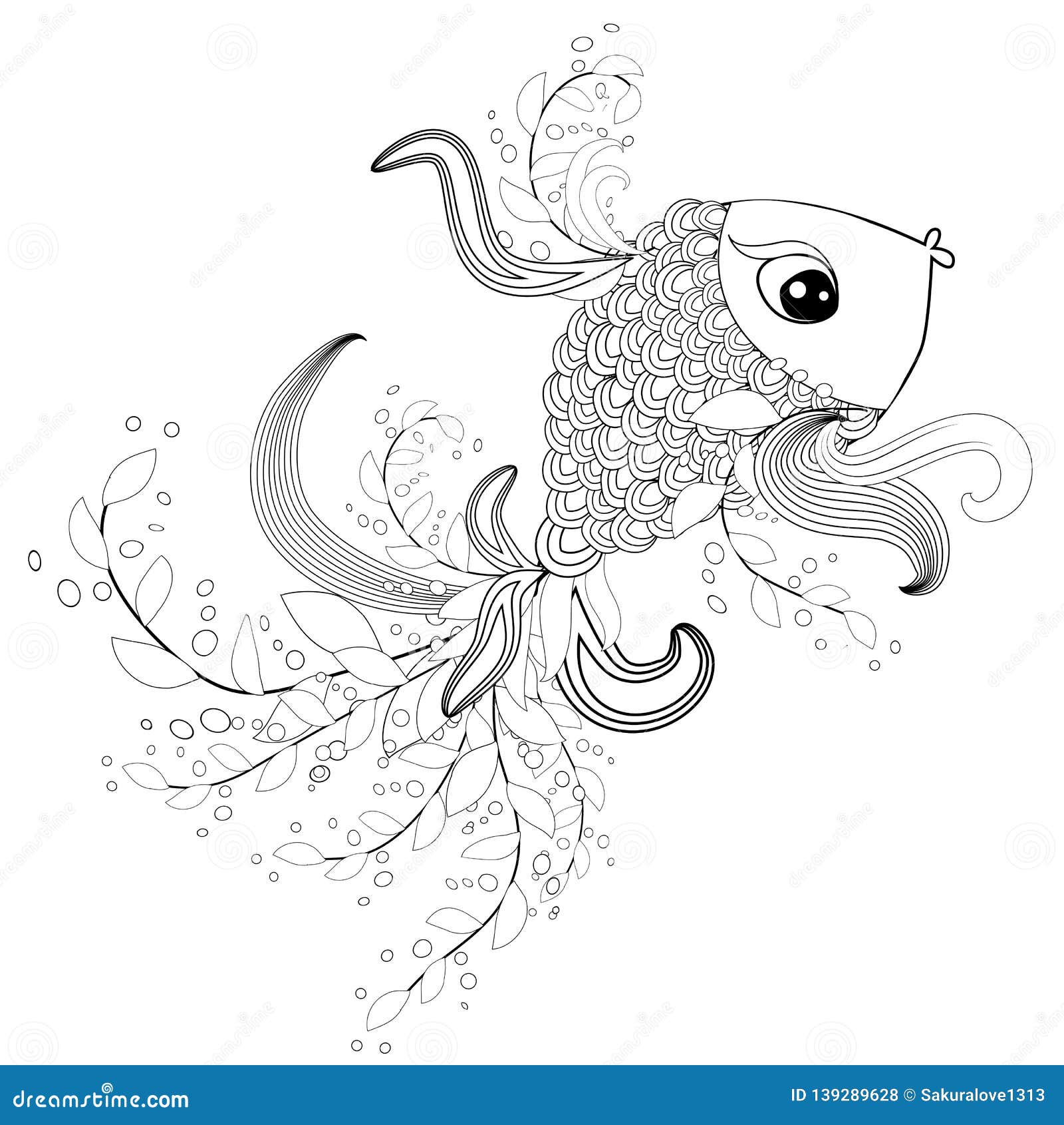Ornamental Graphic Fish, Floral Line Pattern. Zentangle. Coloring Book ...