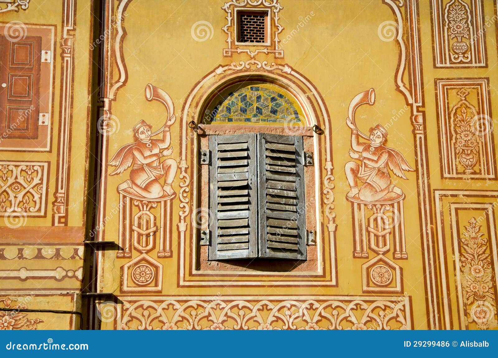 Ornamental Wall and Wooden Window in Jaipur, India Stock Photo Image