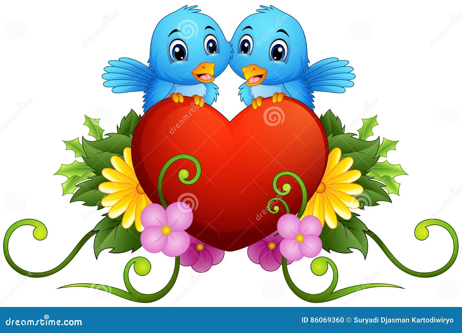 Ilustração do ornamento floral com coração e os pássaros azuis