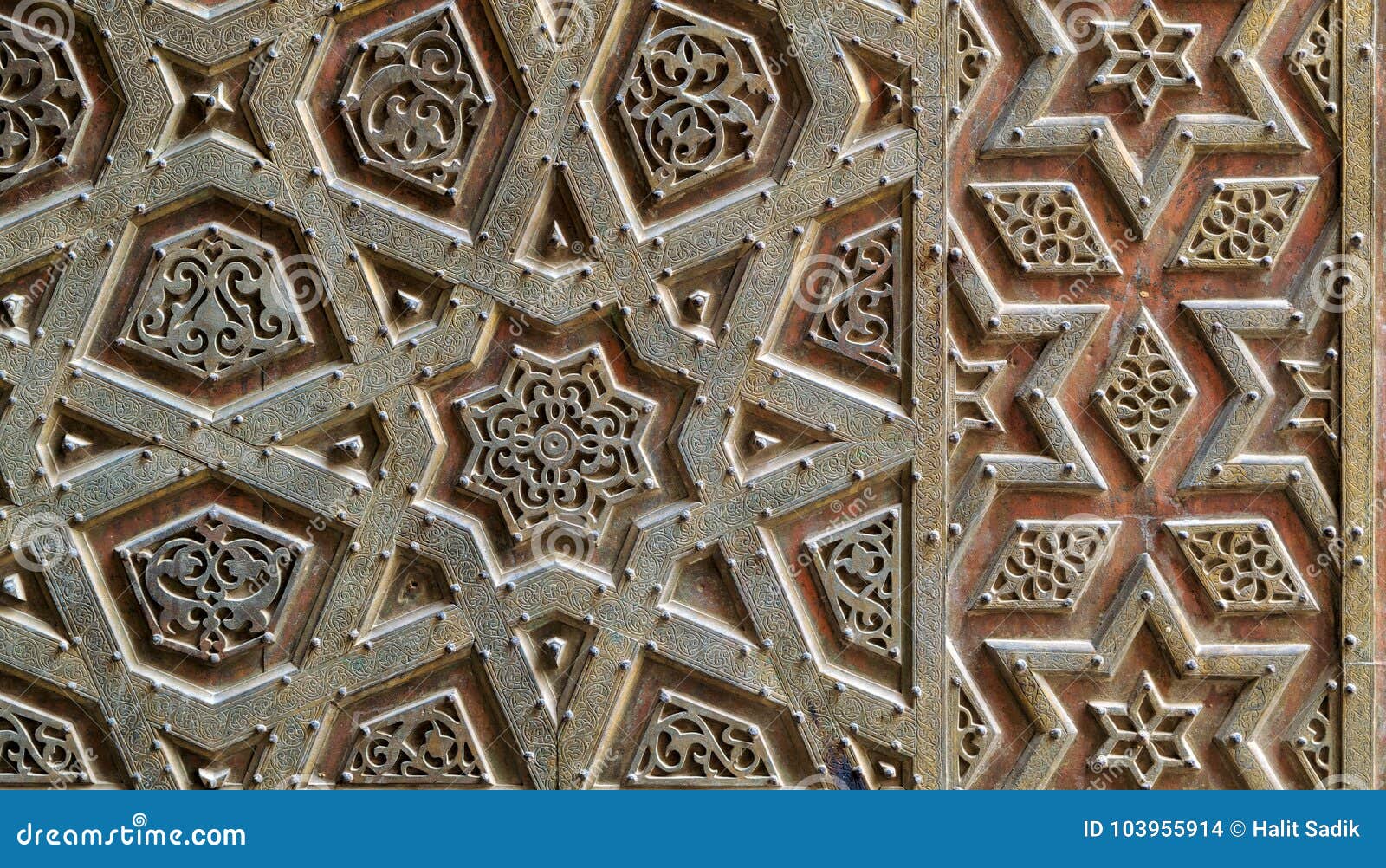 ornaments of the bronze-plate door of sultan qalawun mosque, old cairo, egypt