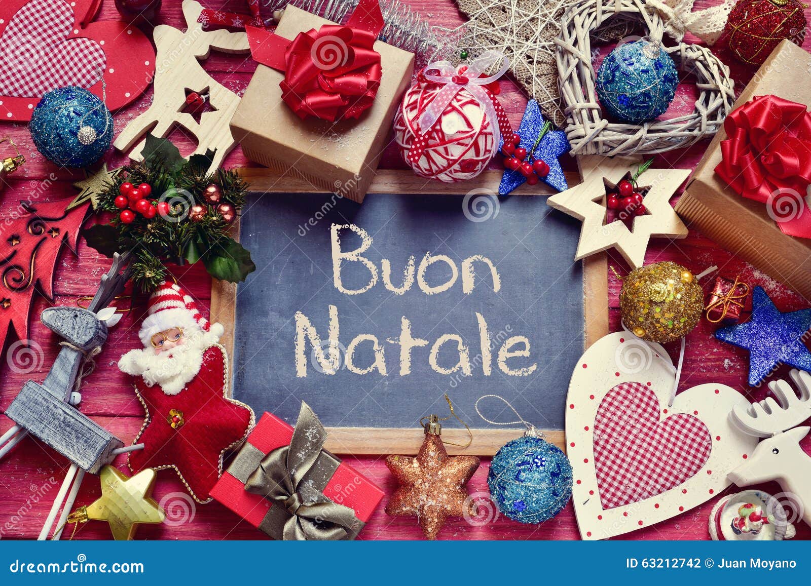 ornaments and text buon natale, merry christmas in italian