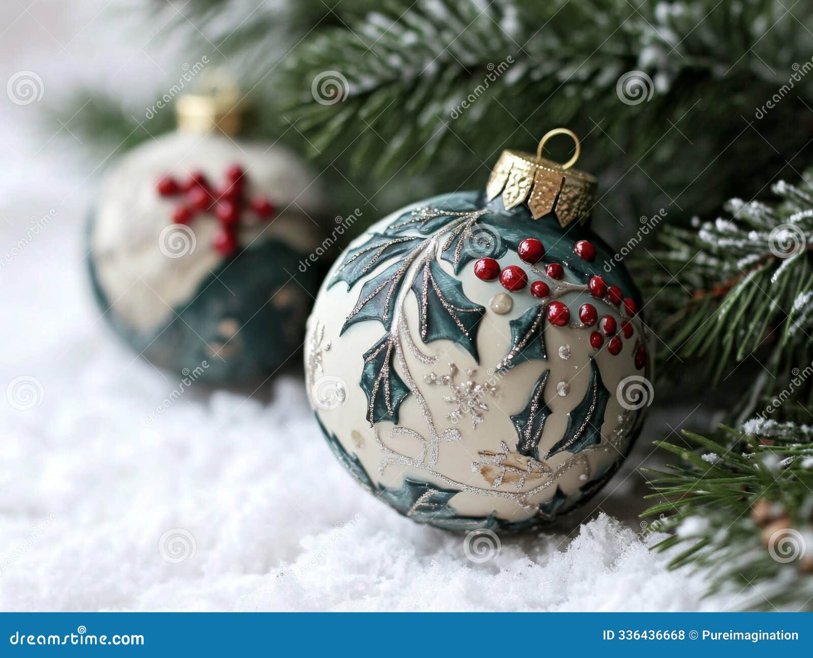 ornate christmas ornament with holly  on snowy background