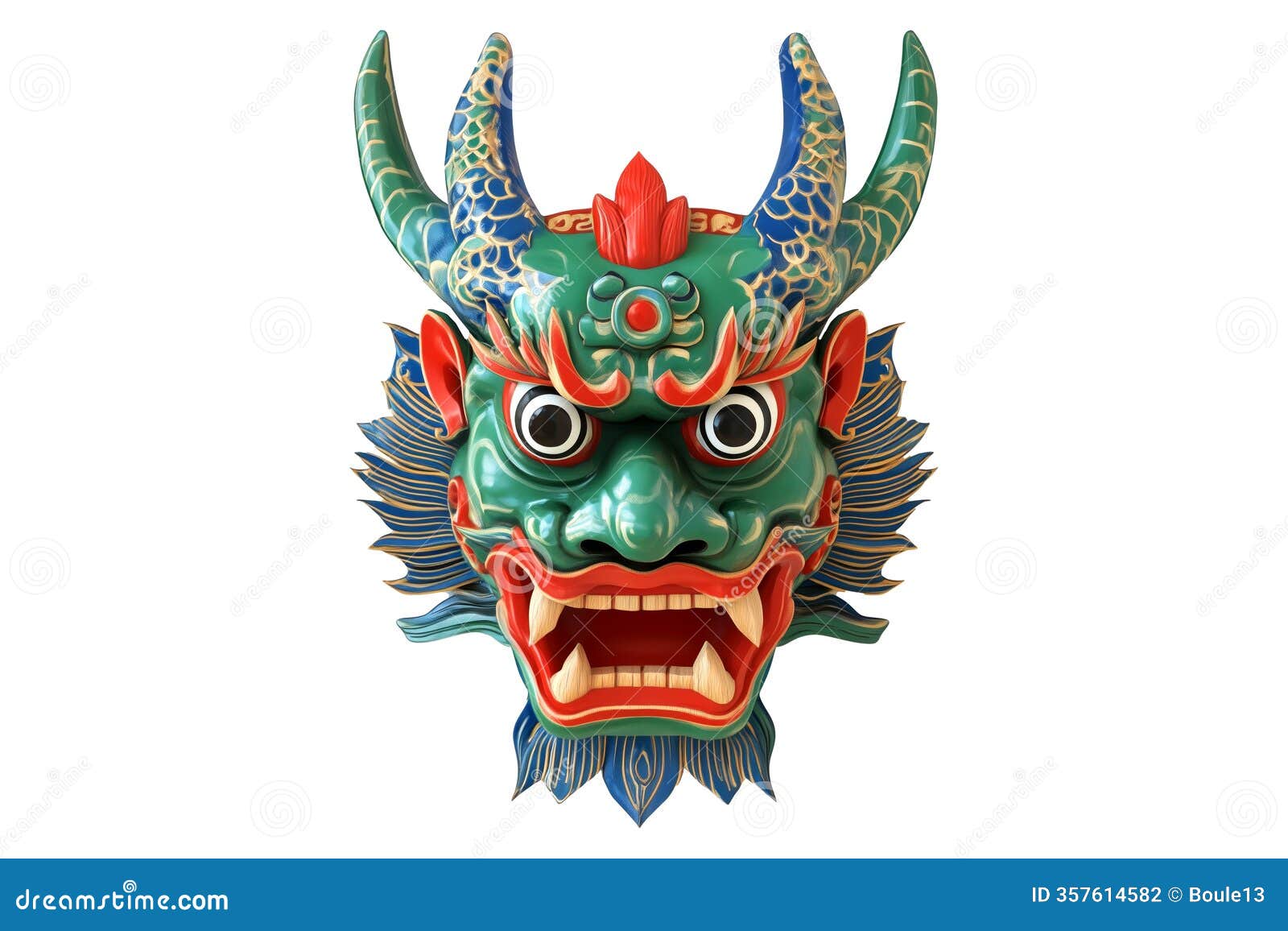 ornate demon or dragon mask with bold orange, black, and gold details featuring horns  on white background