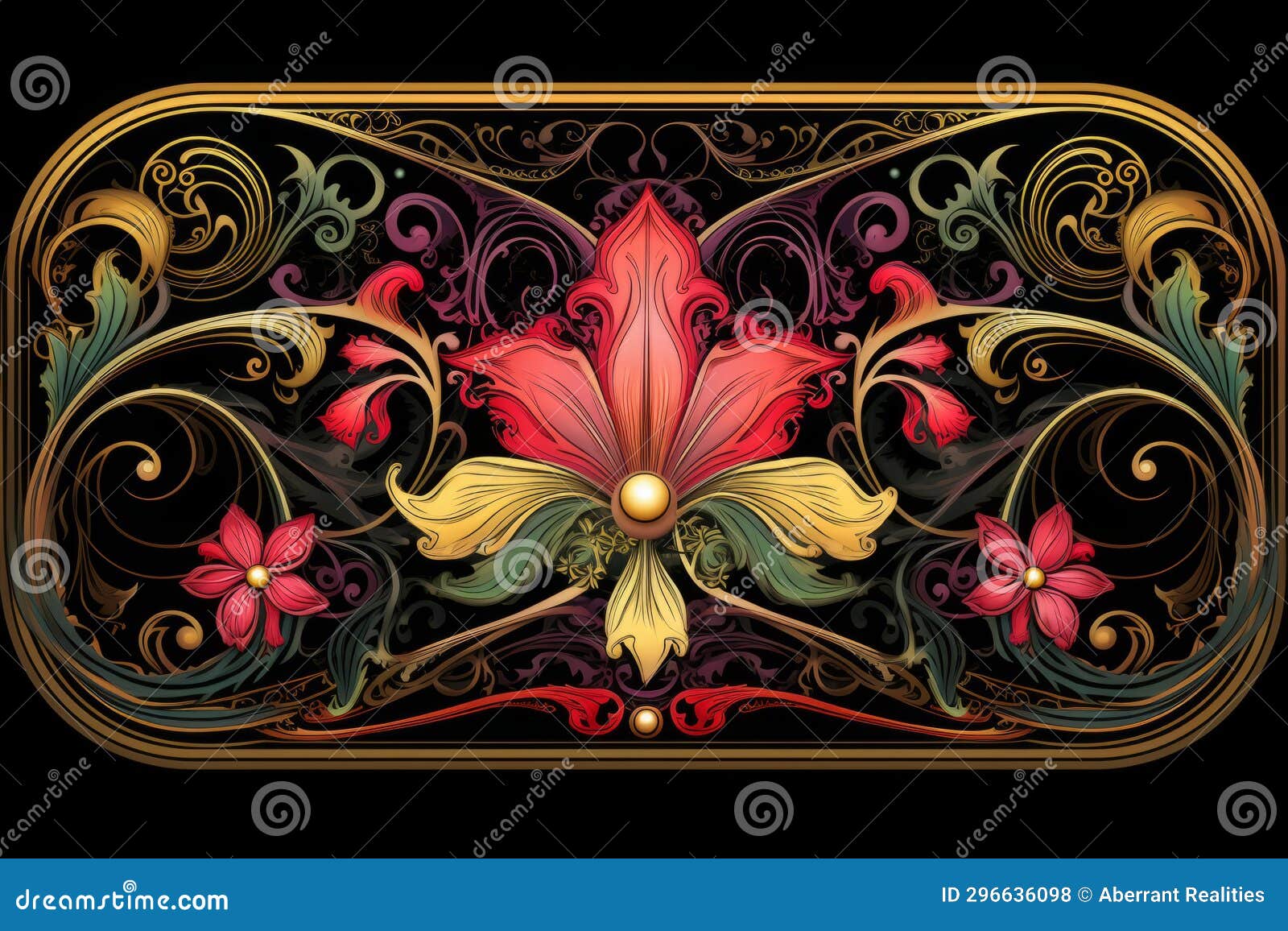 An Ornate Floral Design on a Black Background Stock Illustration