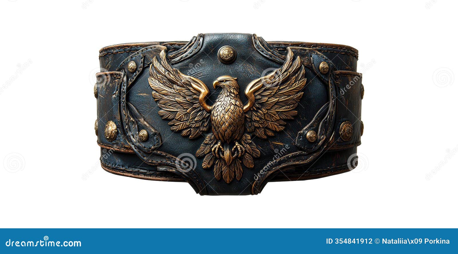 ornate leather wristband with embossed eagle emblem  on transparent background