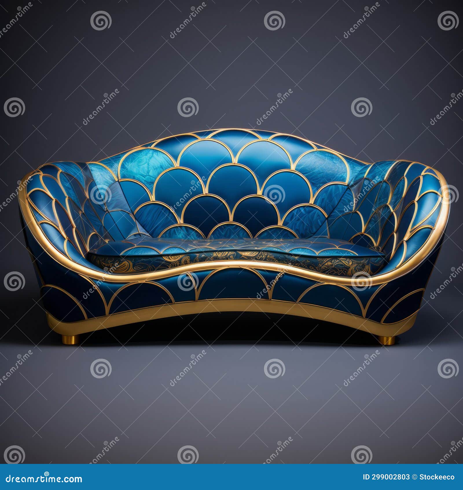 golden leather sofa with blue and gold scalloping