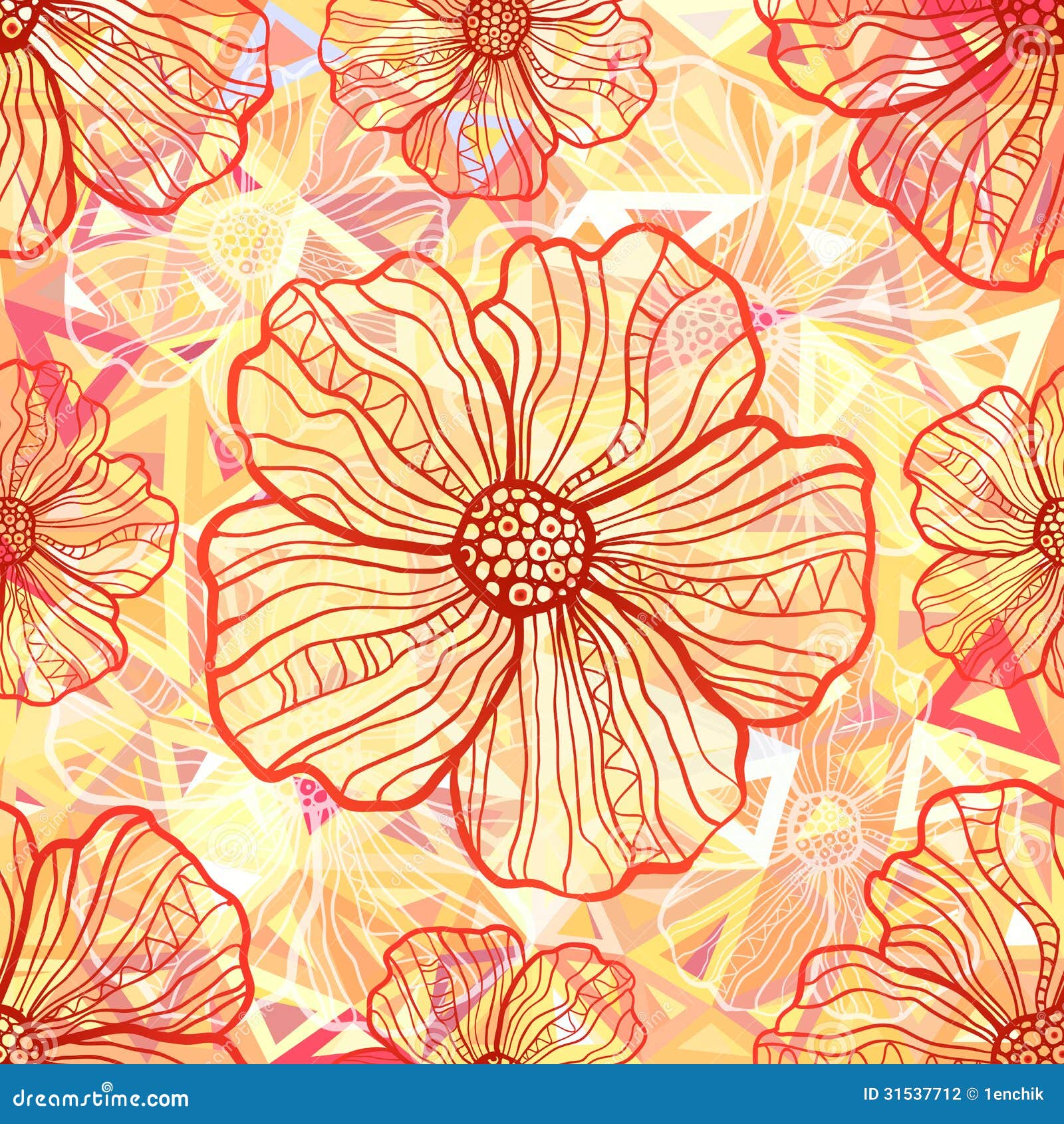 Ornate Orange Flowers on Abstract Triangles Stock Vector Illustration