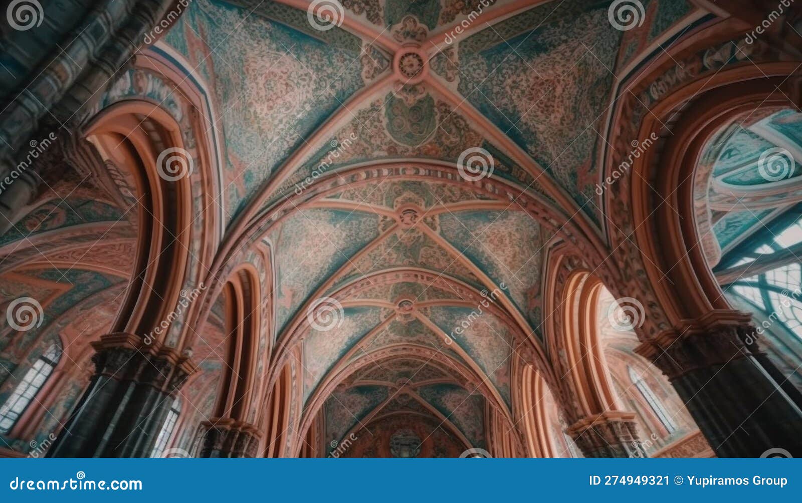 Ornate Stained Glass Windows Illuminate Ancient Cathedral Ceiling