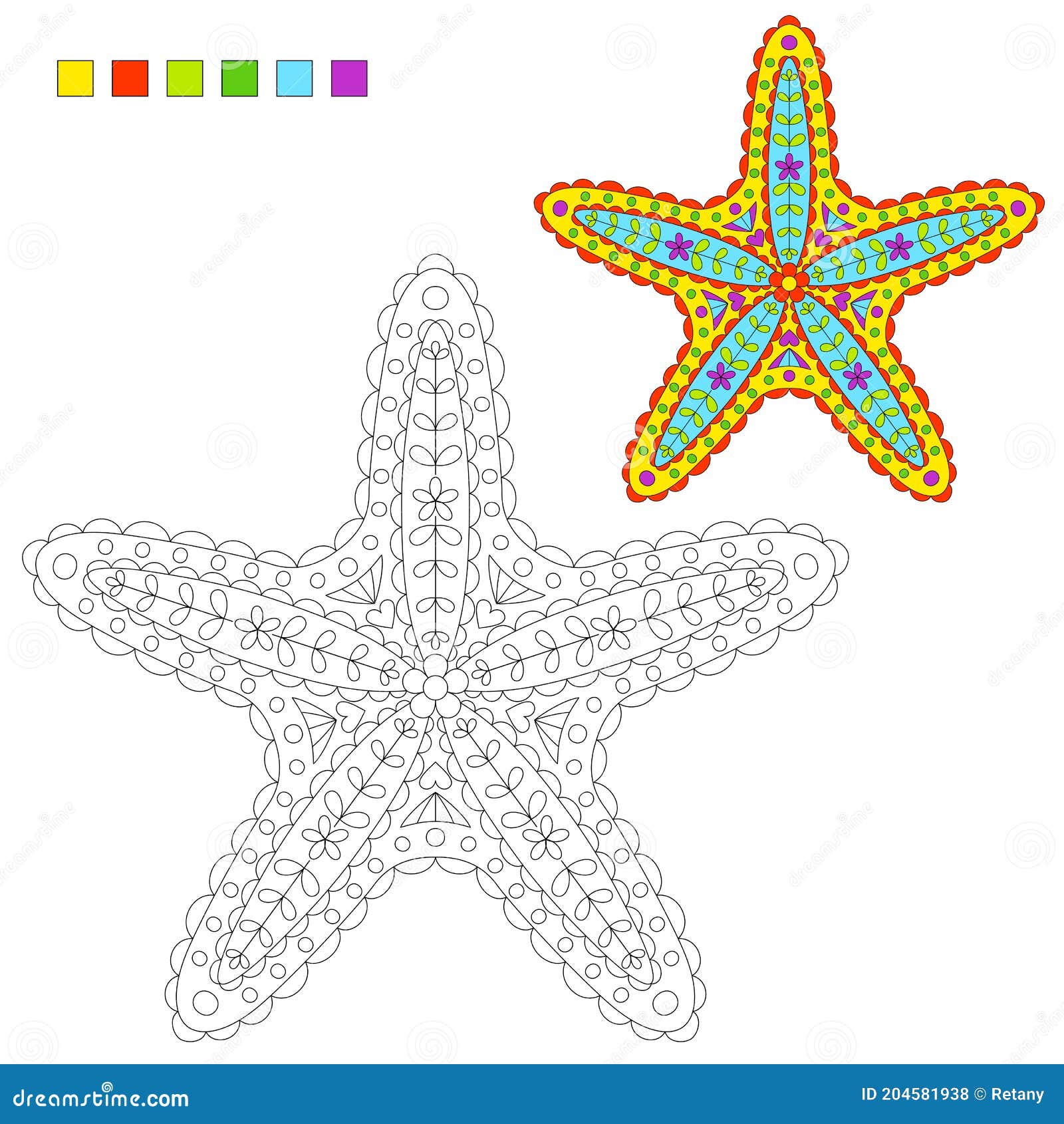 Ornato Estilizado Estrellas De Mar Para Niños Libro Para Colorear  Ilustración del Vector - Ilustración de floral, elemento: 204581938