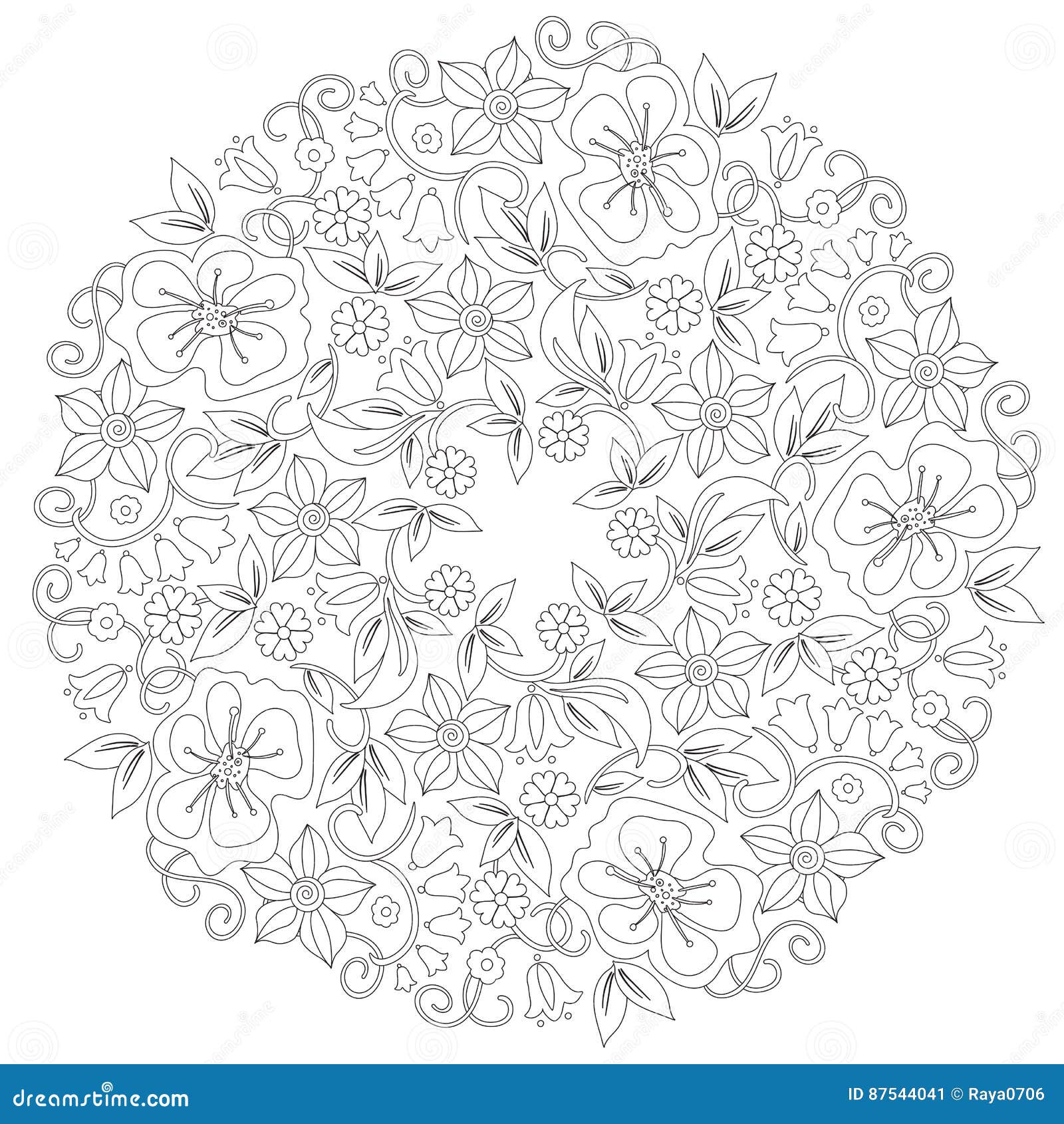 Ornement rond floral de griffonnage en noir et blanc Page pour livre de coloriage le travail de détente pour des enfants et des