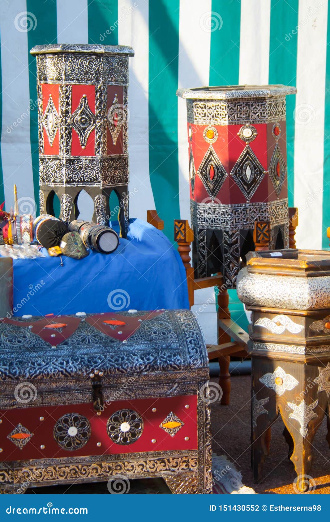 Typical elements of Moroccan culture, with blue and red dominance. Typical elements of Moroccan culture in the April fair in Barcelona