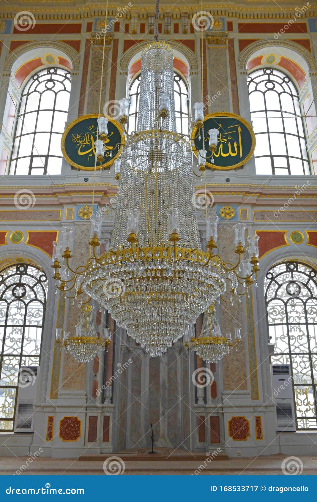 Ortakoy Mosque Interior. The interior of Ortakoy Mosque, officially known as Buyuk Mecidiye Camii or the Grand Imperial Mosque of Sultan Abdulmecid in the Ortakoy district of Besiktas, Istanbul, Turkey. The mihrab can be seen in the centre