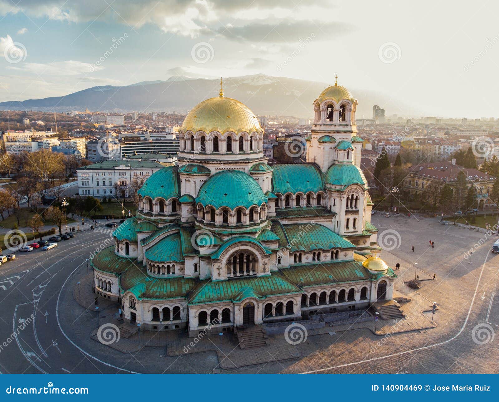 orthodox cathedral alexander nevsky, in sofia, bulgaria. aerial photography in the sunset