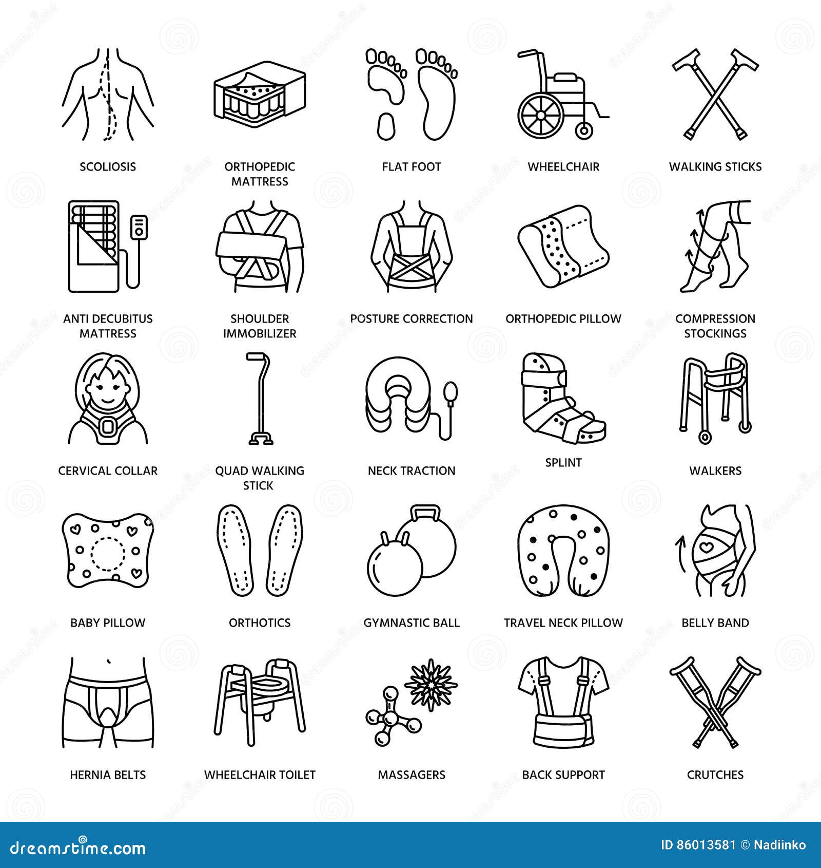 orthopedic, trauma rehabilitation line icons. crutches, orthopedics mattress pillow, cervical collar, walkers and other
