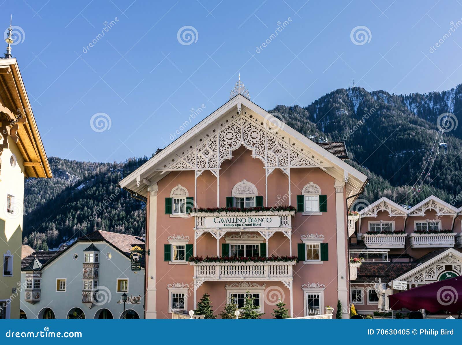 ORTISEI, - MARCH : View of the Cavallino Bianco Hotel in Ortisei Val Gardena in Italy on March 26, 2016 Editorial Image - Image of tirol, valley: 70630405