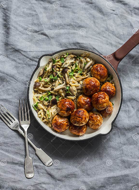 Orzo Mushrooms Pasta with Teriyaki Sauce Chicken Baked Meatballs in a
