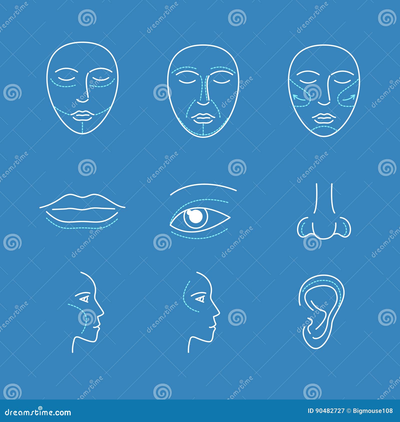 Os ícones Da Cara Da Cirurgia Plástica Diluem a Linha Grupo Vetor