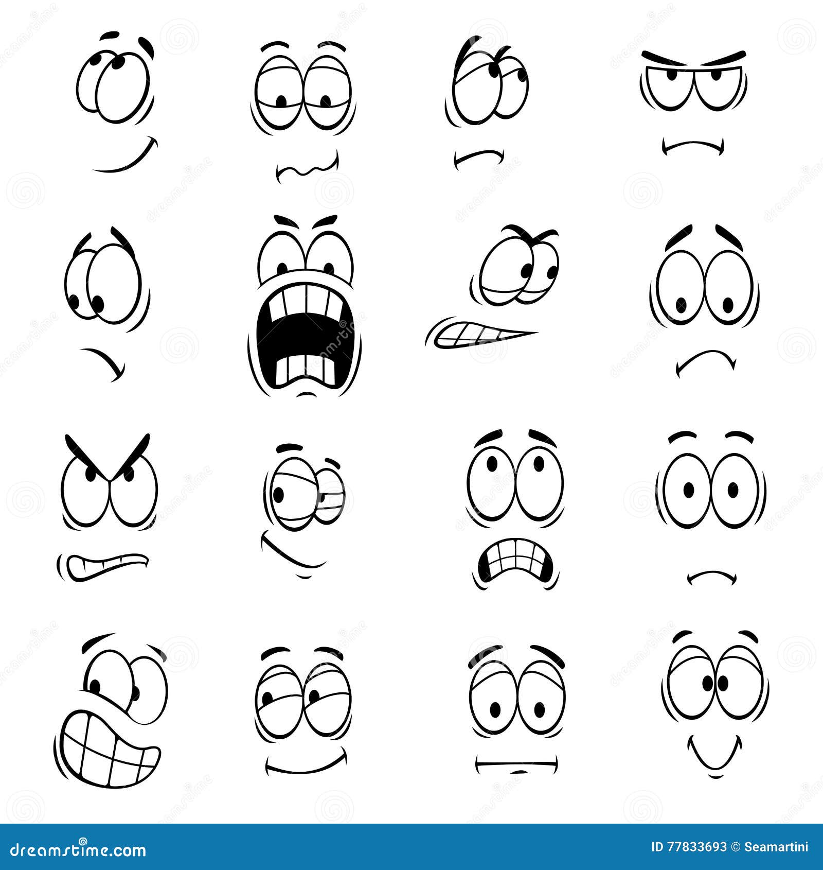 Vetores de Rostos De Desenhos Animados Olhos Expressivos E Boca Sorrindo  Chorando E Surpreso Personagens Rosto