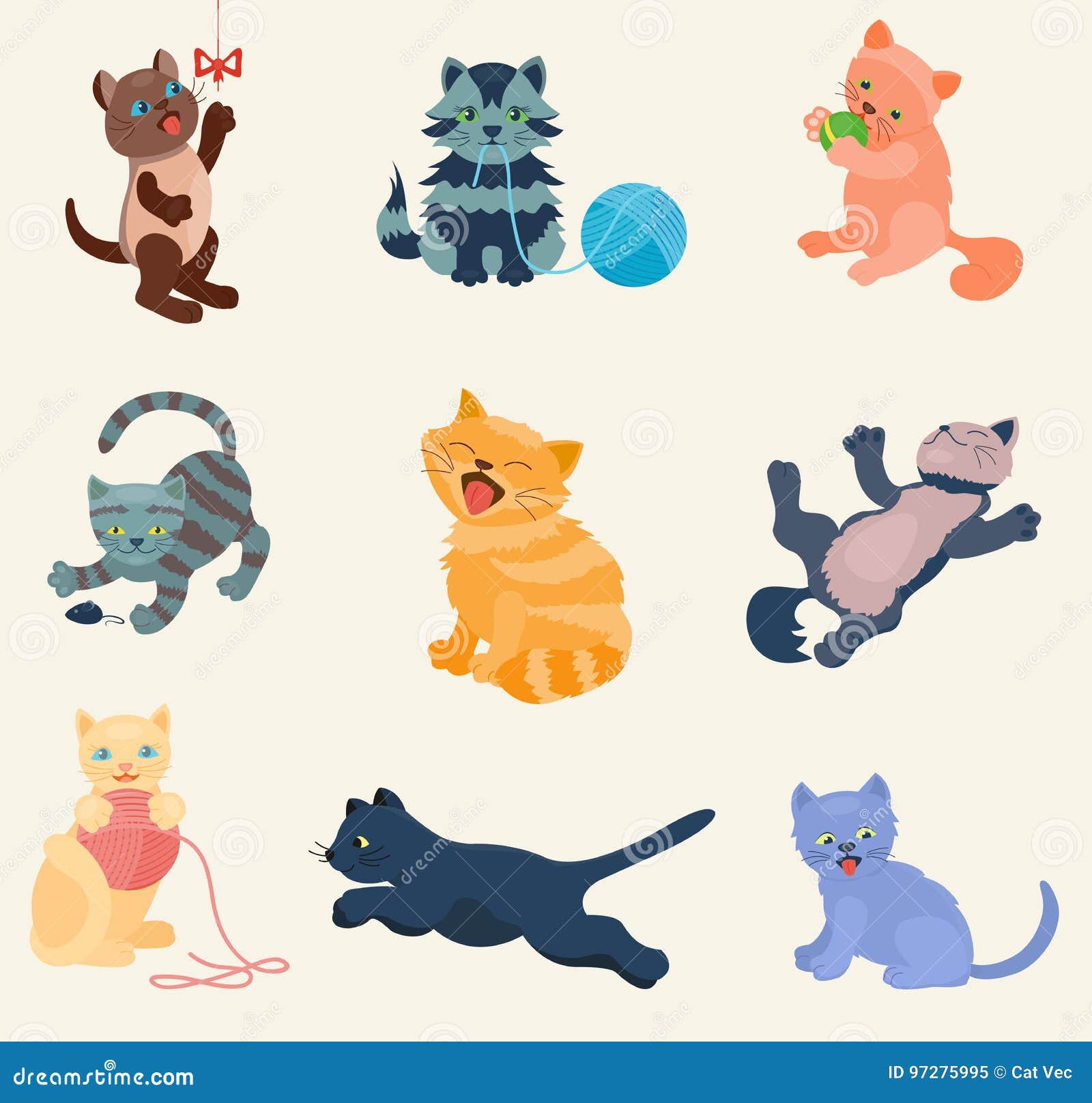 Conjunto de gatos uma coleção de gatinhos dos desenhos animados de cores  diferentes. animais brincalhões.