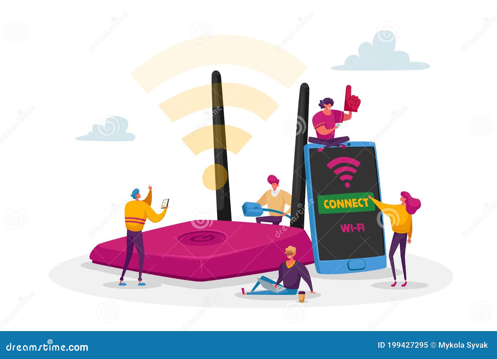 Os Minúsculos Caracteres Masculinos E Femininos No Huge Router Usam a Internet No Laptop E No Smartphone Via Conexão Sem Fio Wifi Ilustração do Vetor