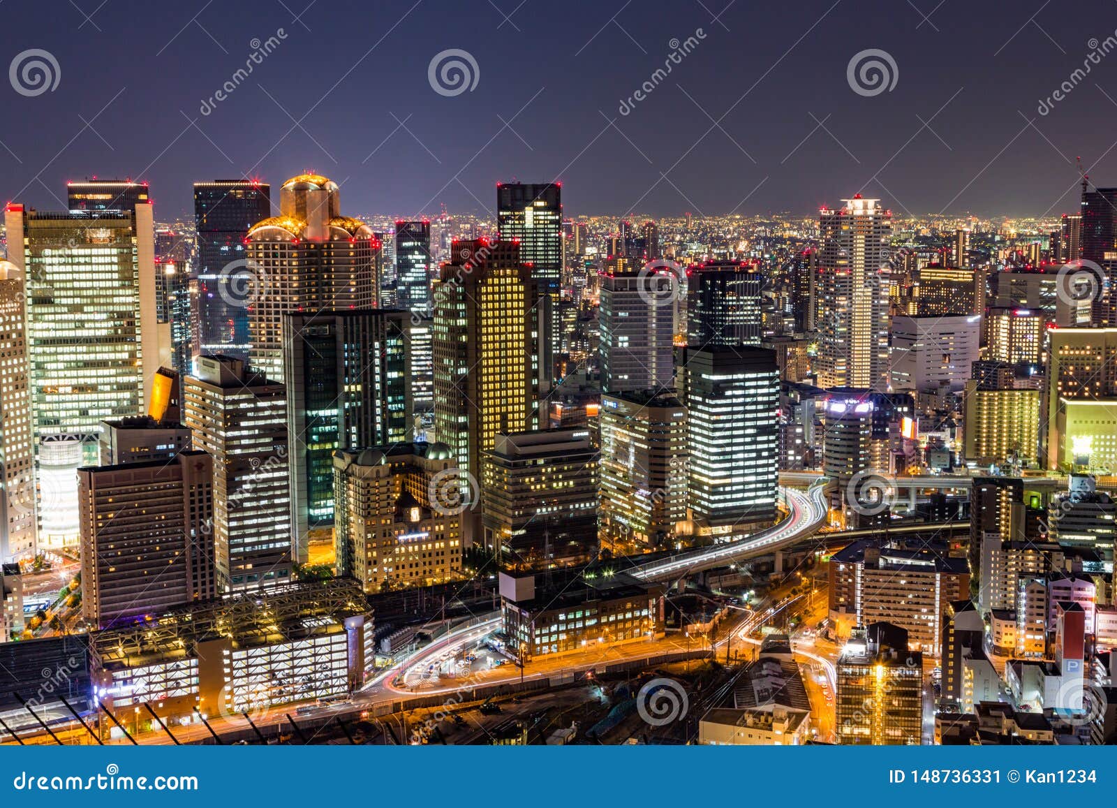 osaka downtown skyline from umeda sky building at night