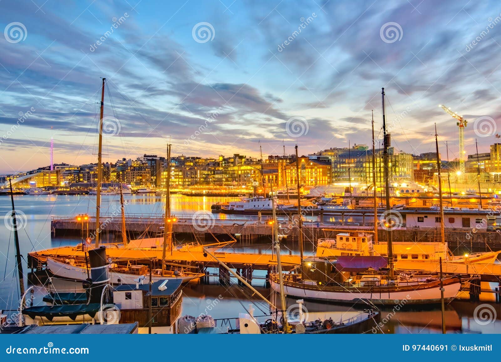 oslo harbor at night in oslo city, norway