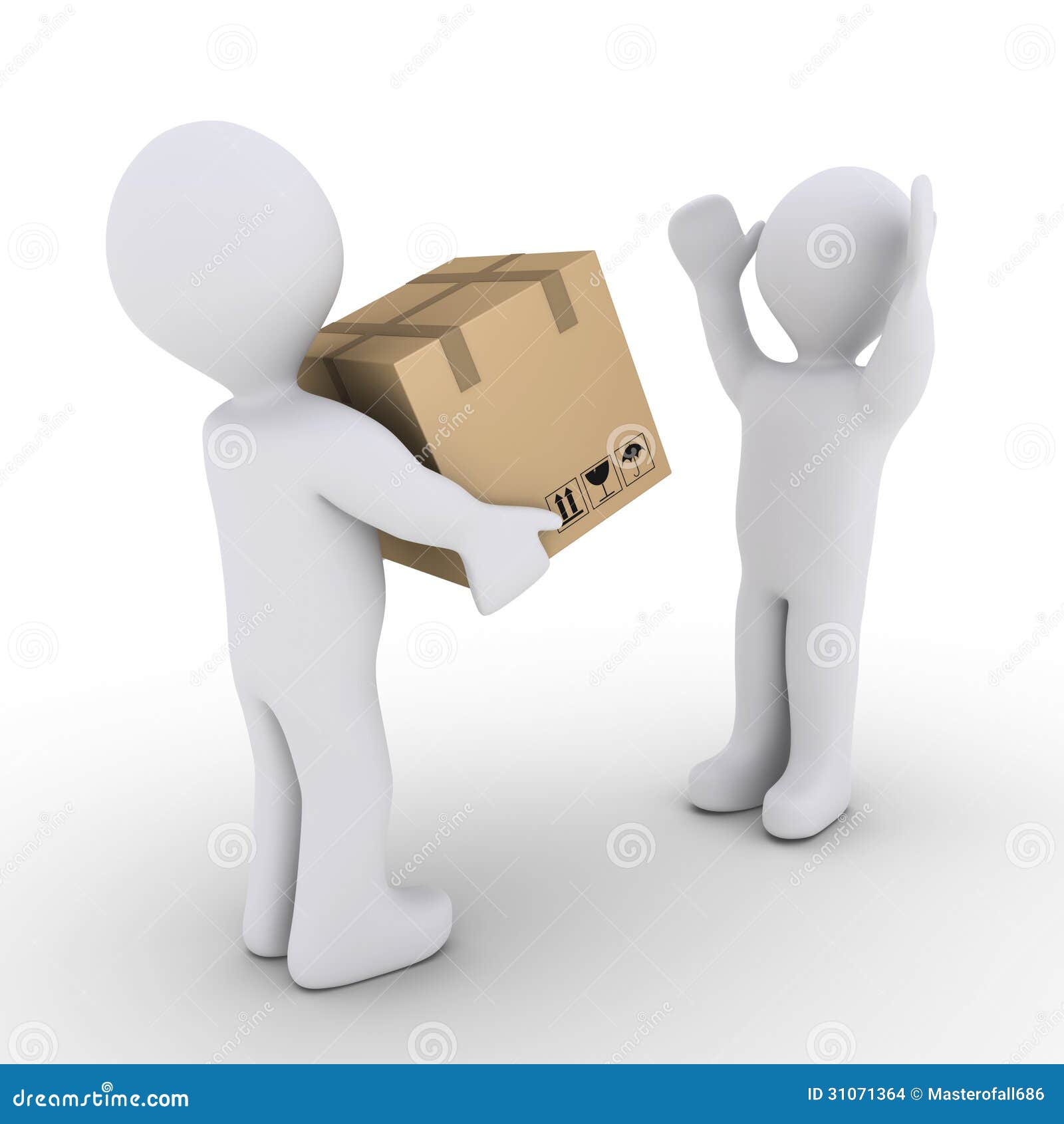 Osoba daje inny uszczelnionemu kartonu pudełku. 3d osoba trzyma uszczelnionego kartonu pudełko, inny i jest szczęśliwa