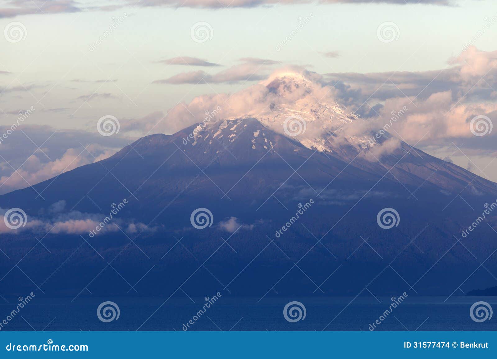 osorno volcano seen during the sunset from puerto varas