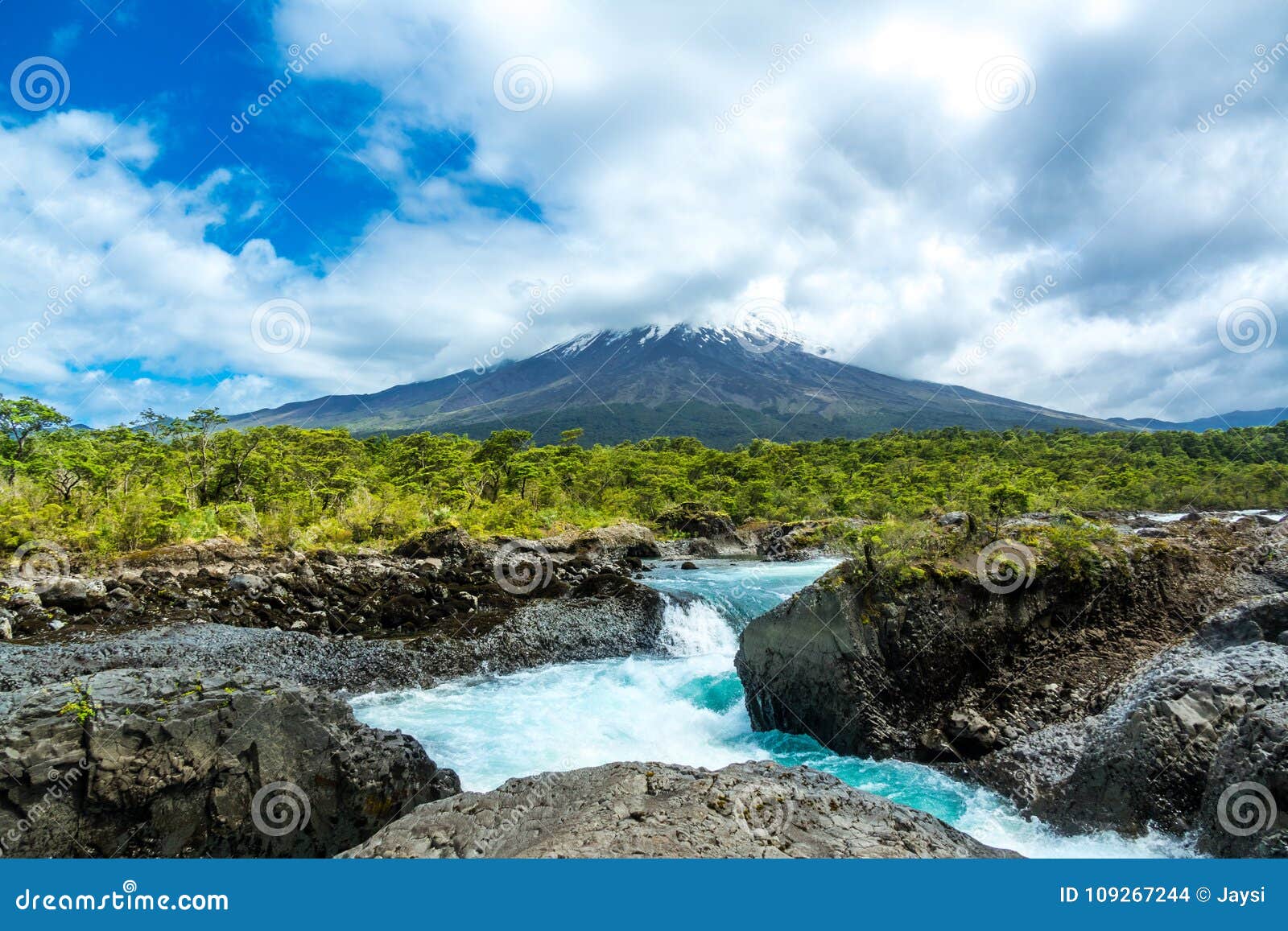 osorno volcano view from petrohue waterfall, los lagos landscape, chile, south america