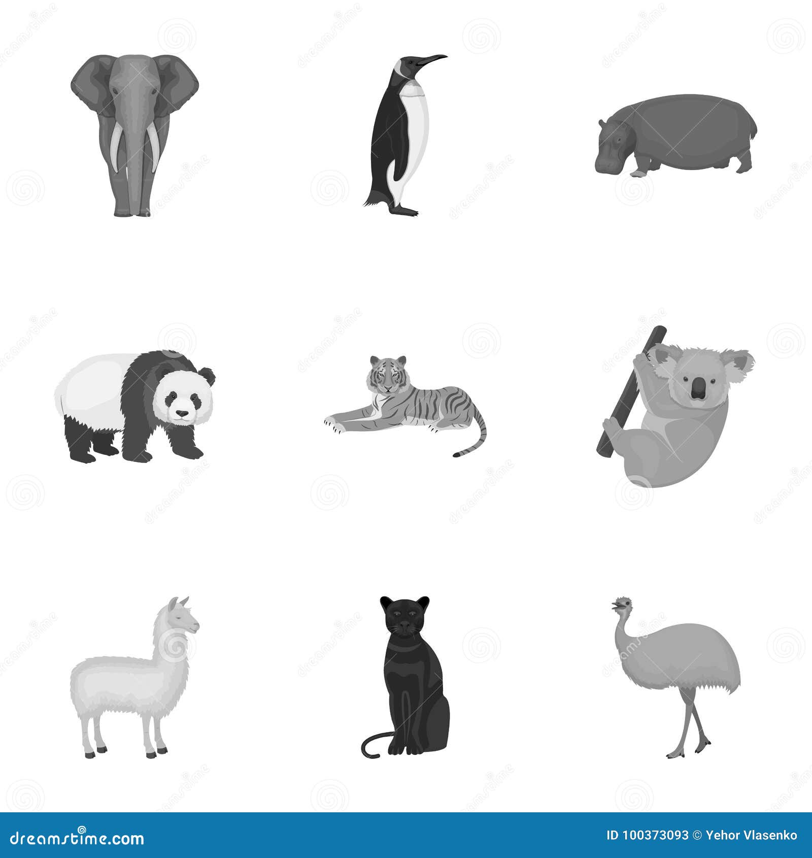 ostrich emu, crocodile, giraffe, tiger, penguin and other wild animals. artiodactyla, mammalian predators and animals