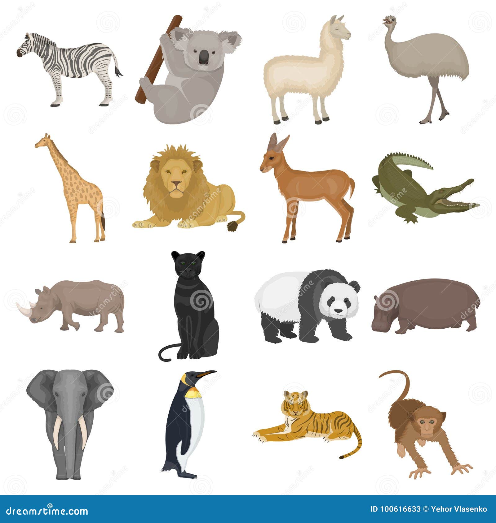 ostrich emu, crocodile, giraffe, tiger, penguin and other wild animals. artiodactyla, mammalian predators and animals